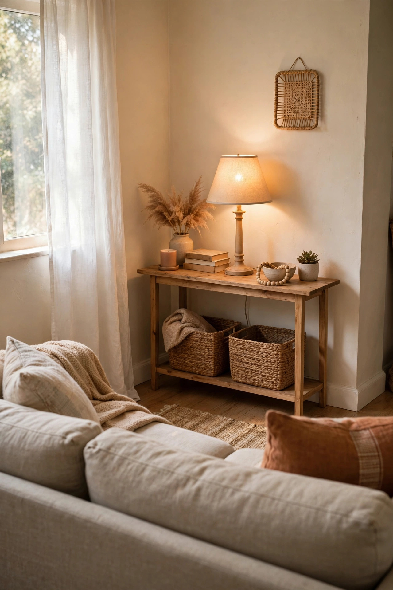Narrow console table behind a sofa with a lamp in a small living room