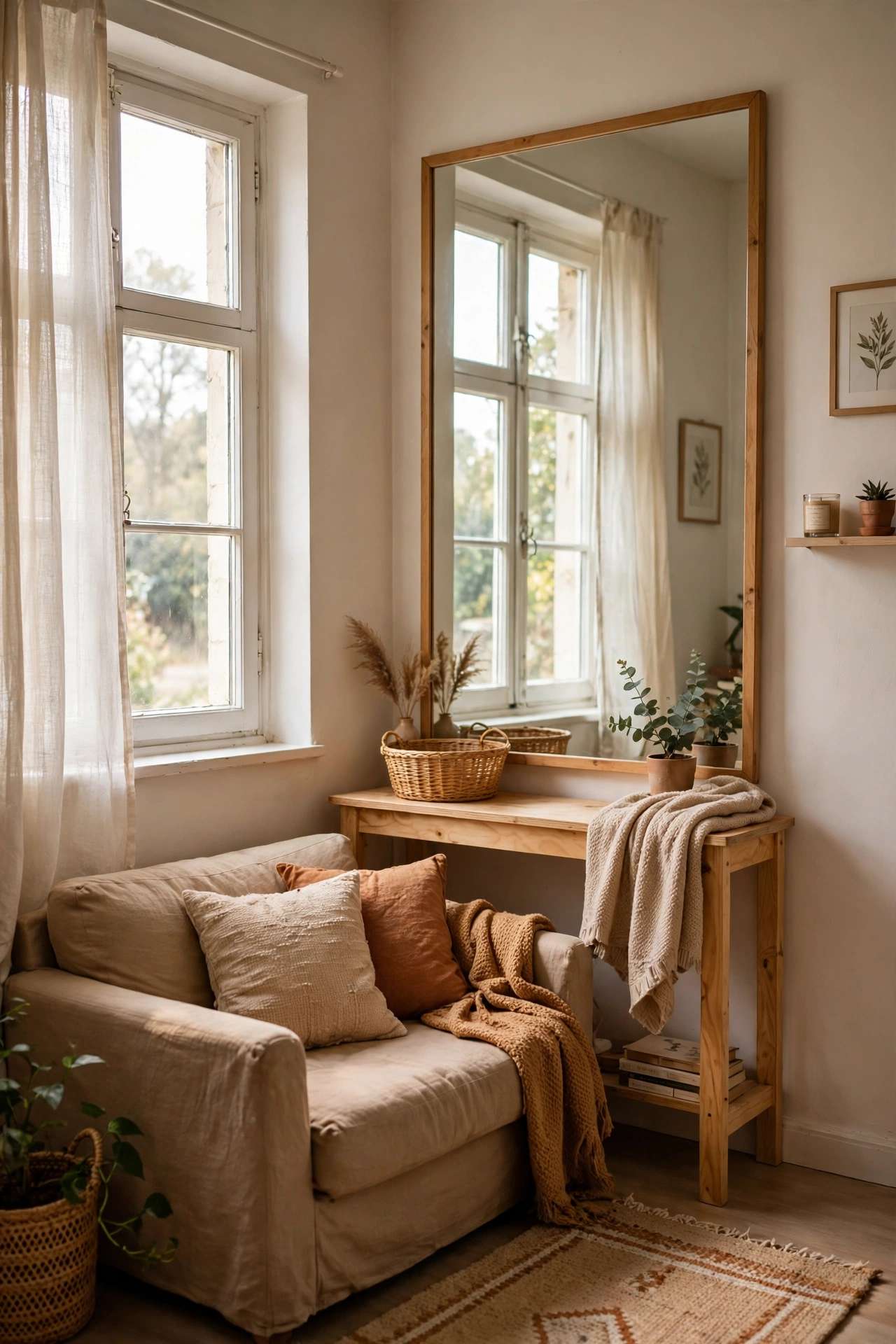 Large mirror opposite a window reflecting light in a small living room