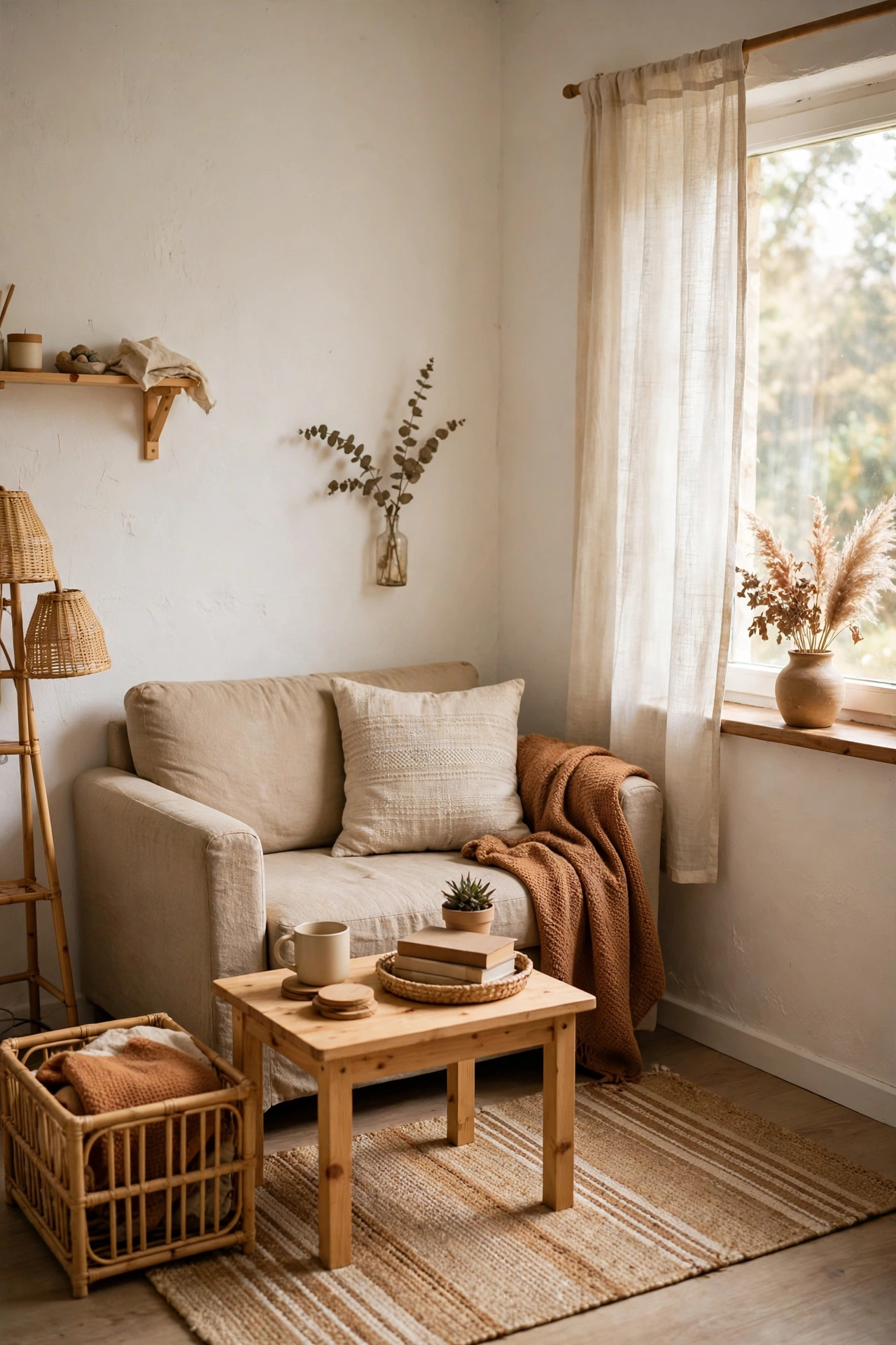 Small living room painted warm white with natural light