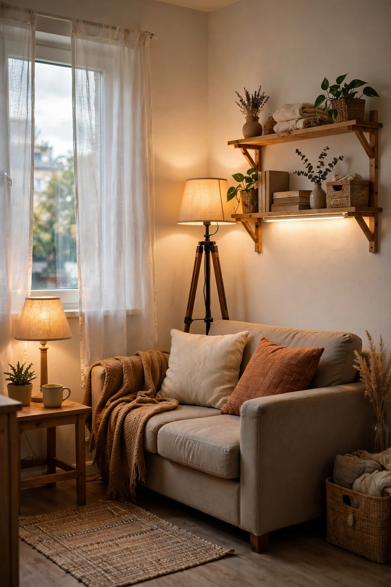 Small living room lit by floor lamp table lamp and shelf light