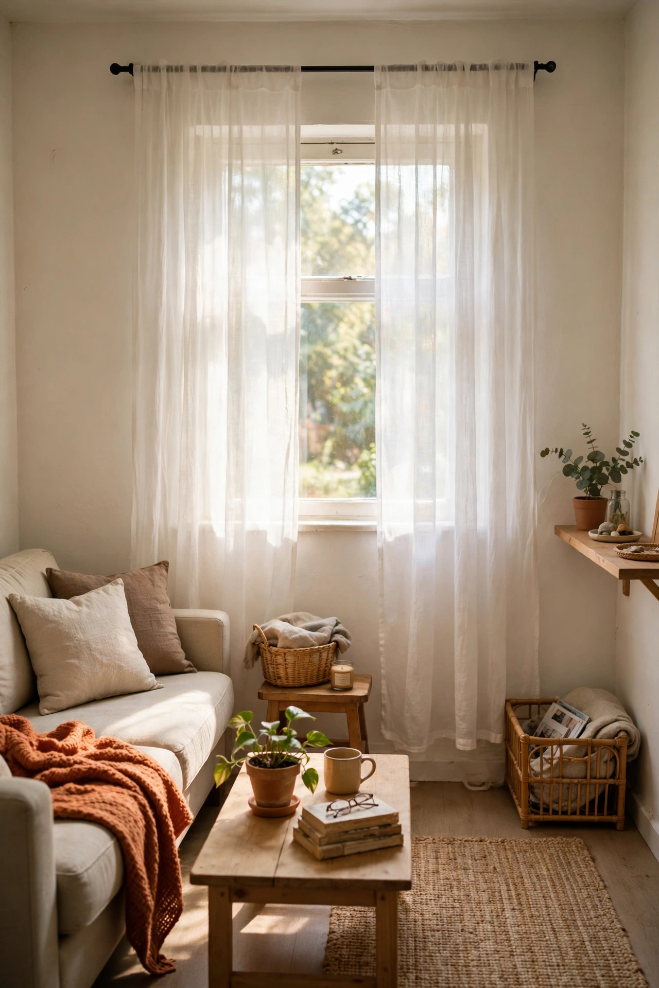 Sheer curtains hung high over a window in a small living room