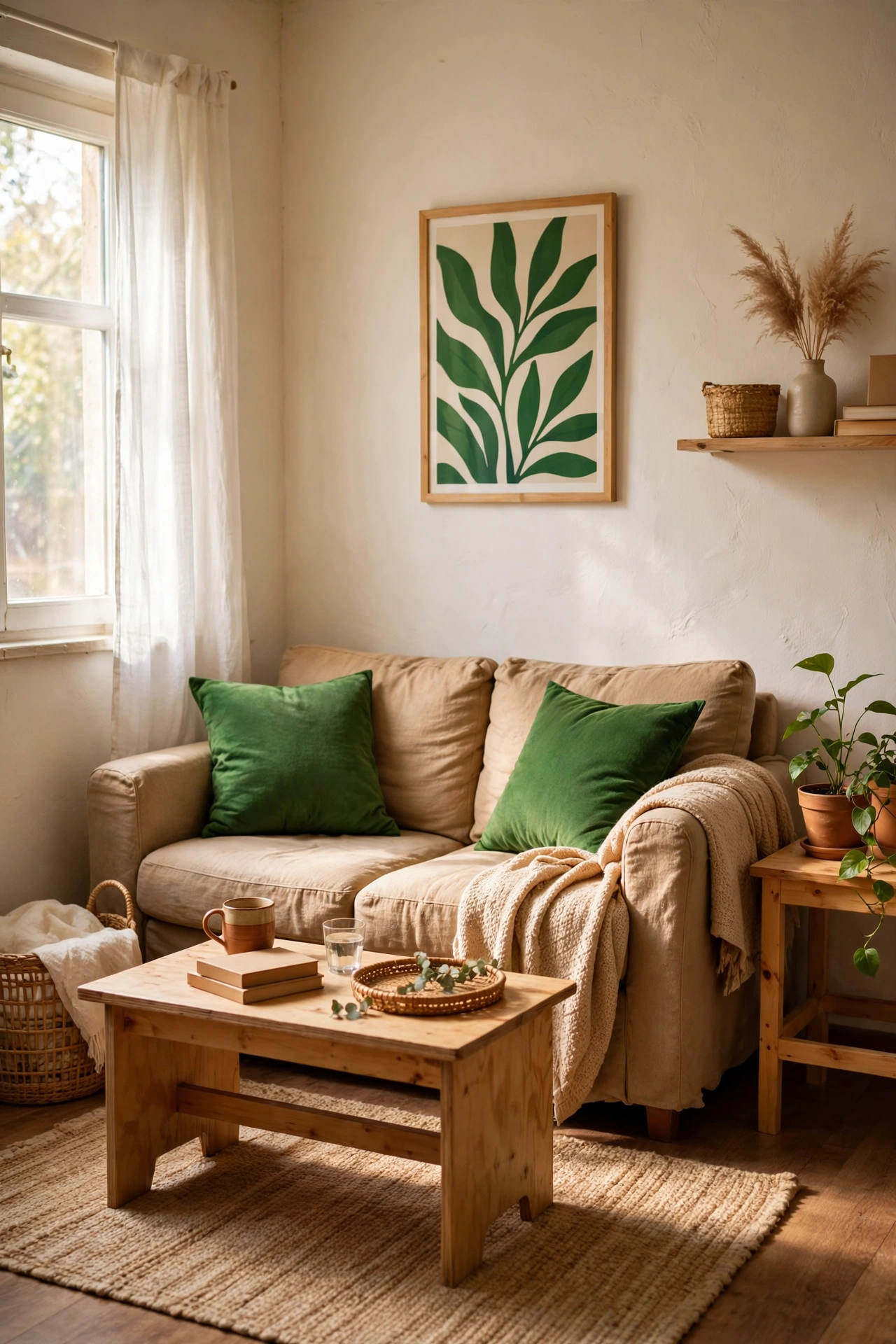 Small living room with one bold green accent colour in cushions and art