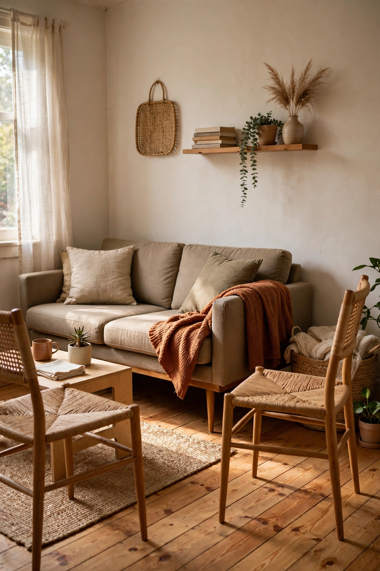 Leggy sofa and chairs showing floor beneath in a small living room