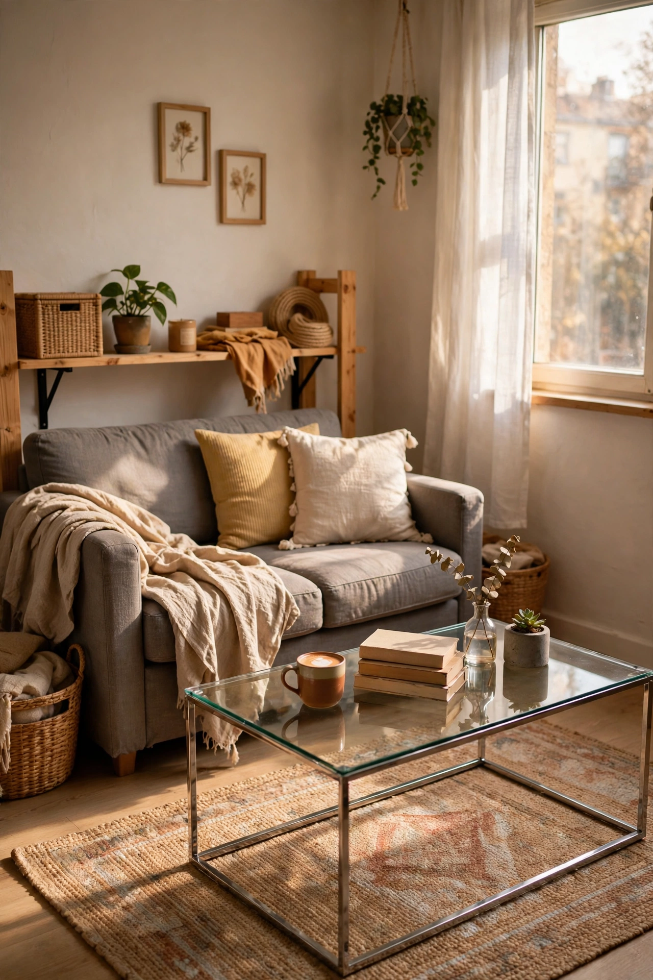 Clear glass coffee table in a small apartment living room