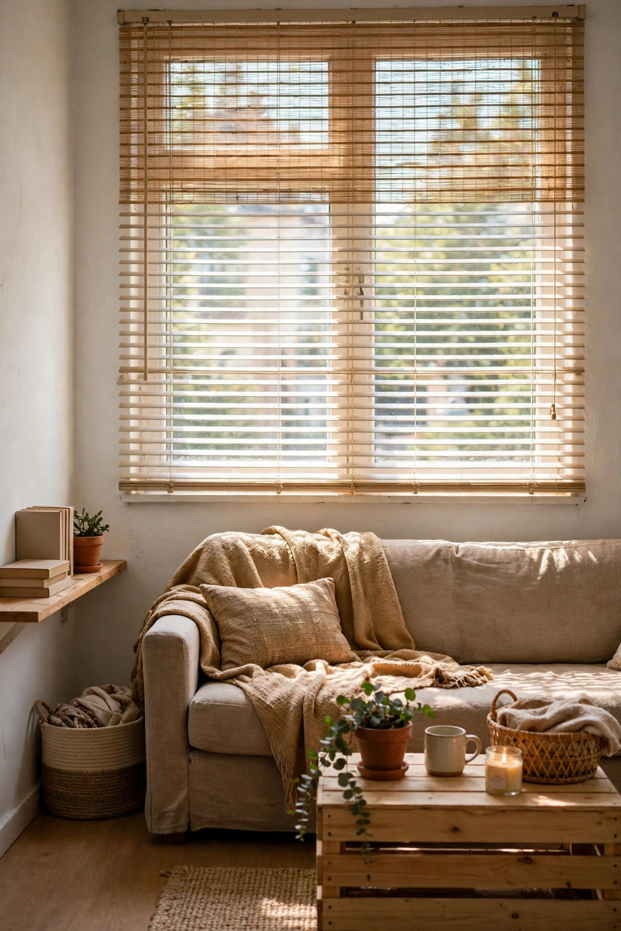 Light blinds on a living room window in a small apartment