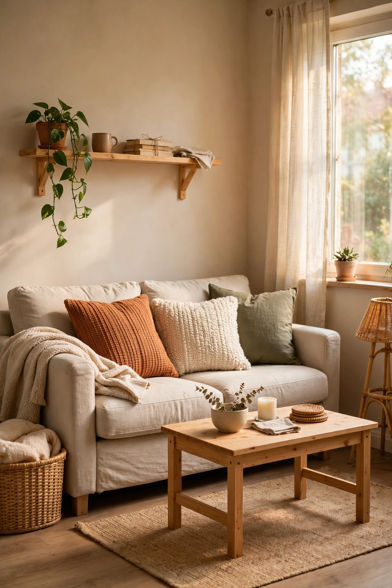 Tidy small living room after a quick weekly reset with fluffed cushions