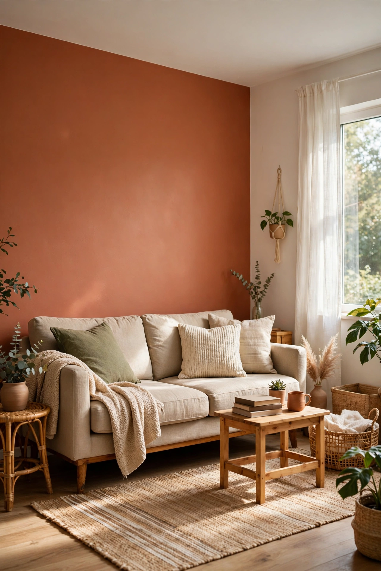 Living room with one painted accent wall behind a sofa