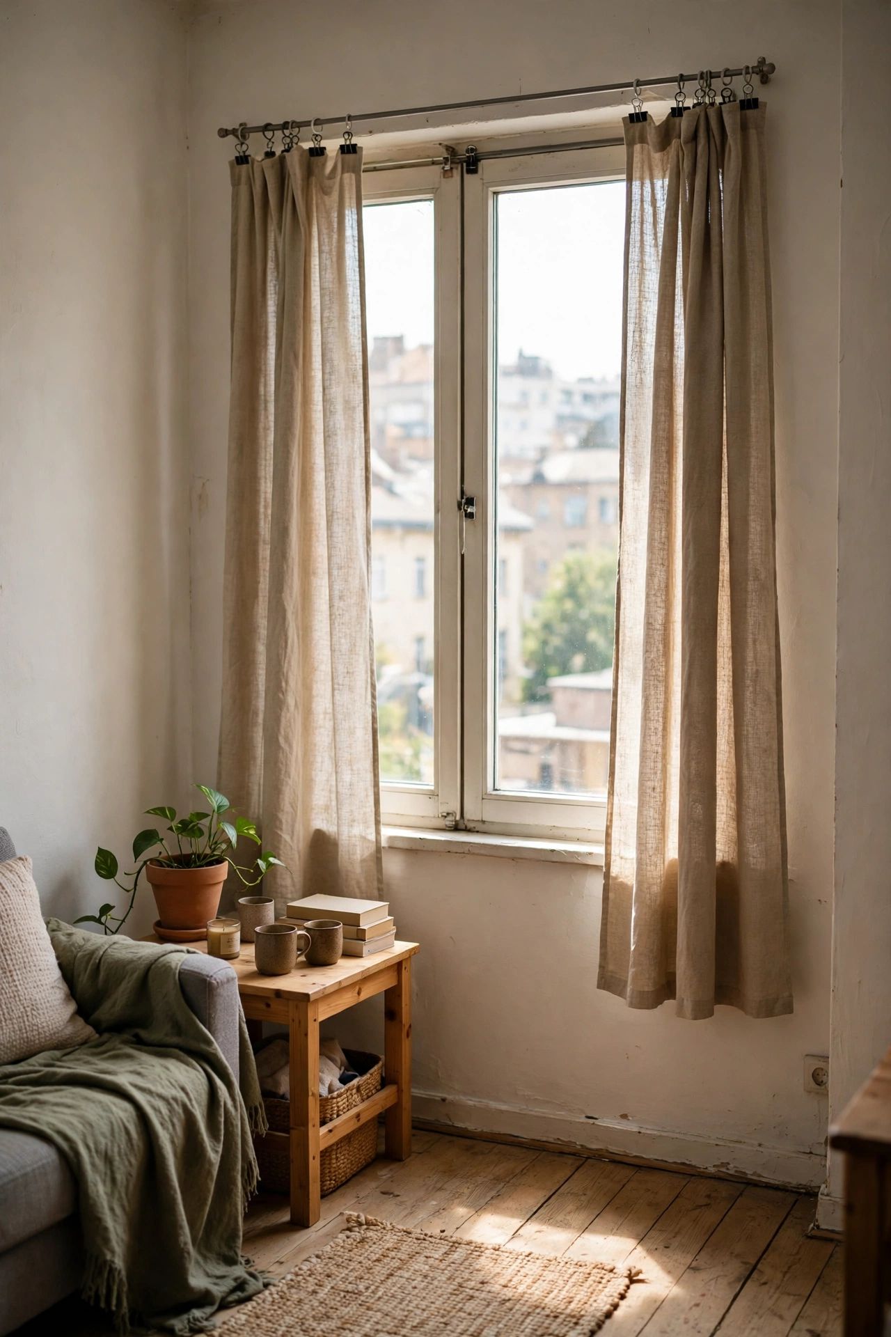 No-sew curtains hanging in a small apartment living room window