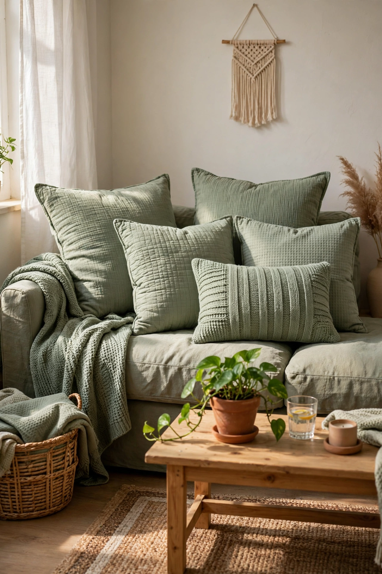 Sofa layered with discount throw pillows in matching colours