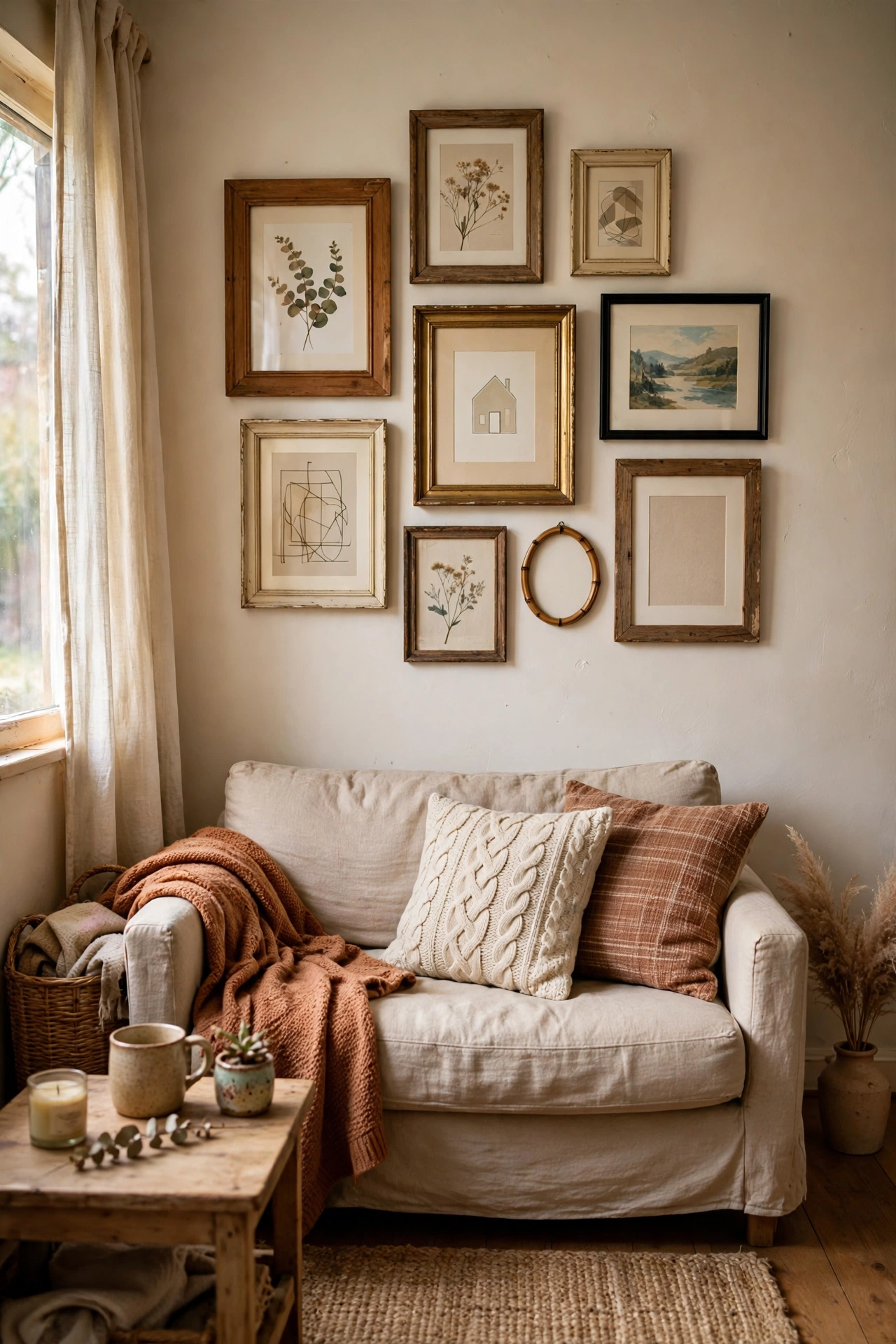Gallery wall with thrifted frames above a sofa in a small living room