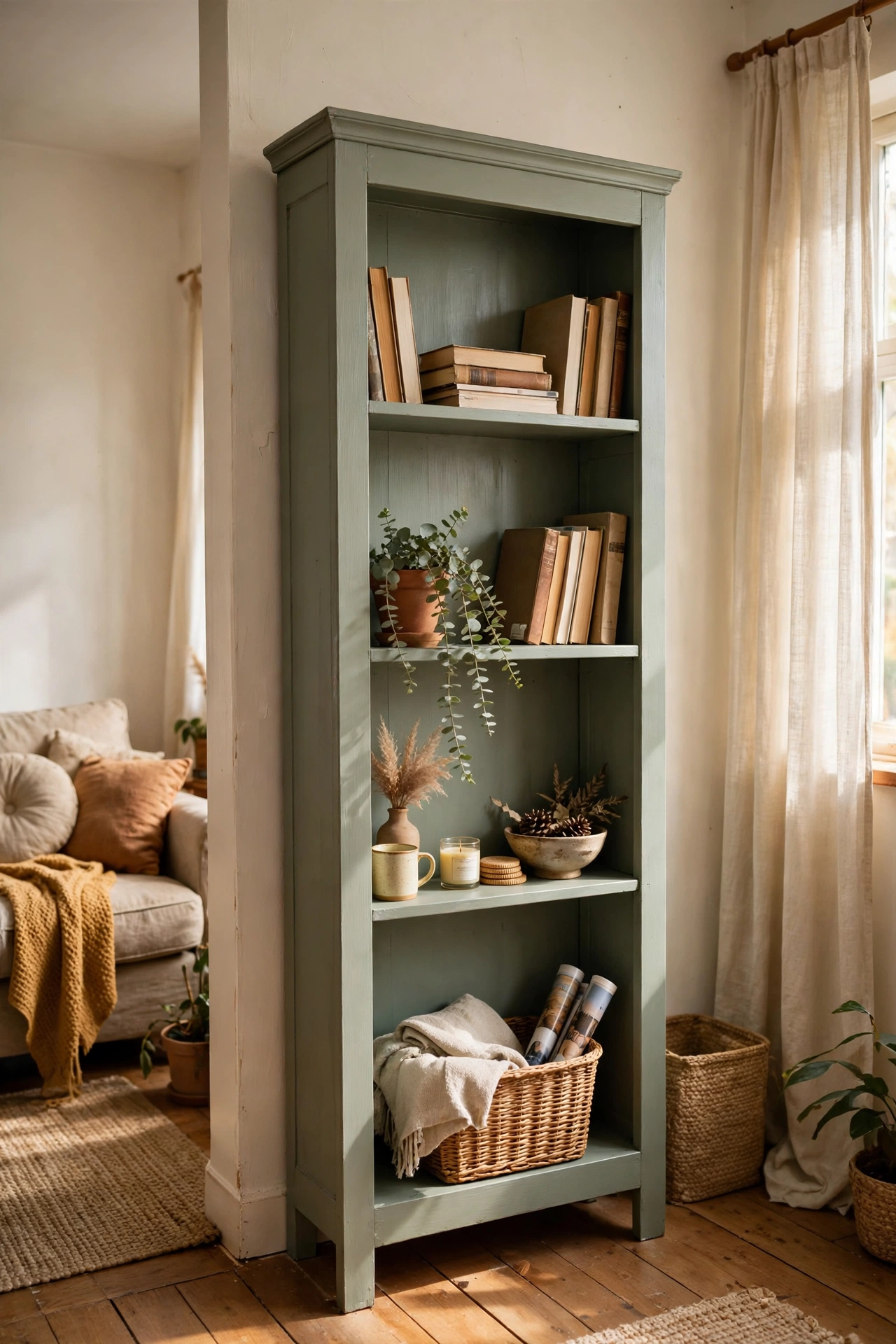Old bookshelf freshly painted in a small living room