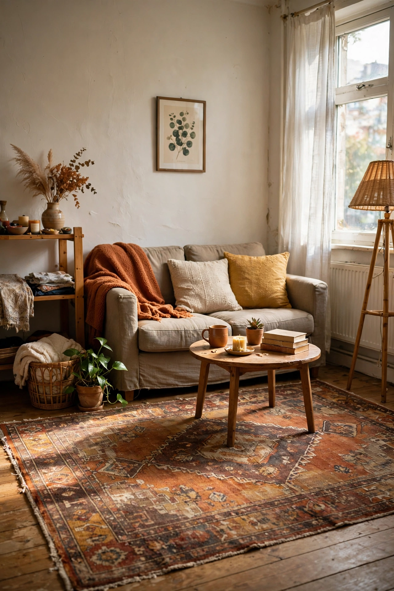 Secondhand rug anchoring a small apartment living room