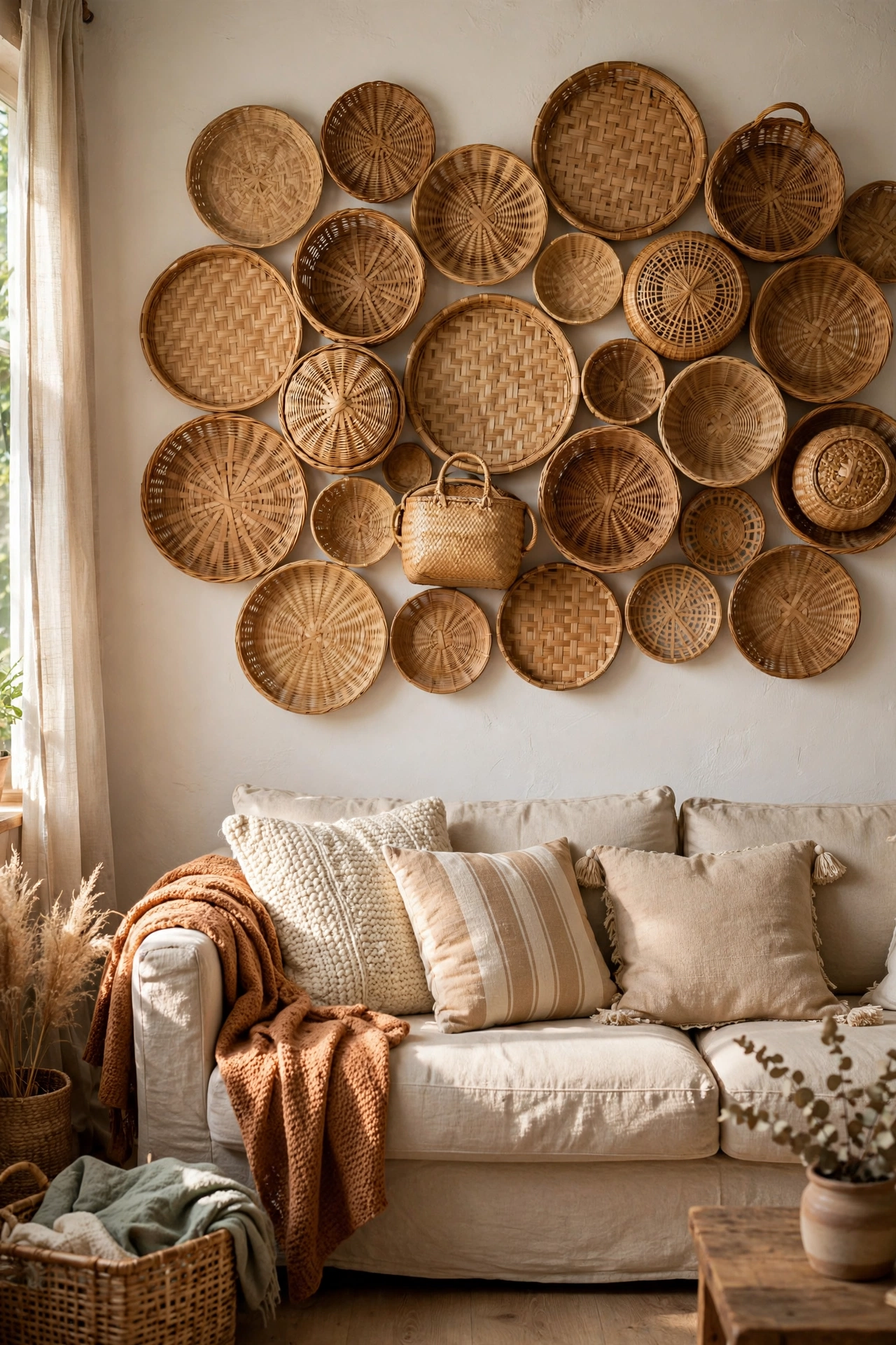 Basket wall made from woven baskets above a sofa