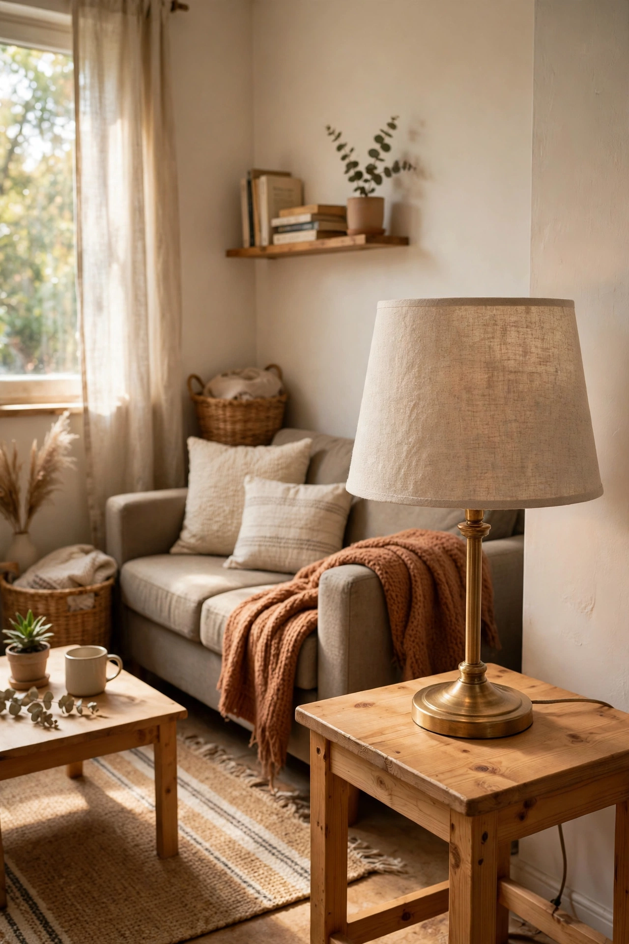 Lamp with a new linen lampshade in a small living room