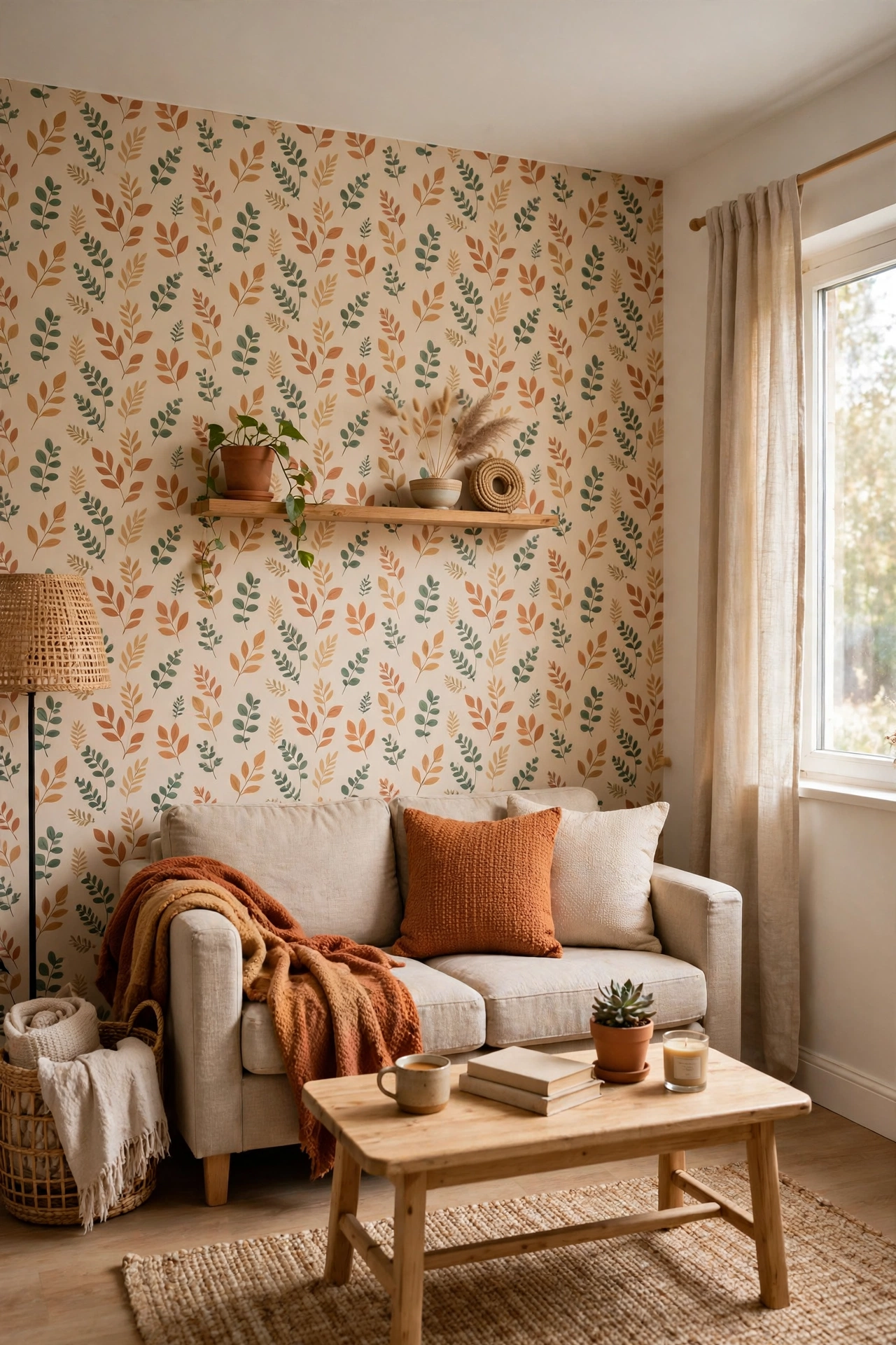 Peel-and-stick wallpaper feature wall in a small living room