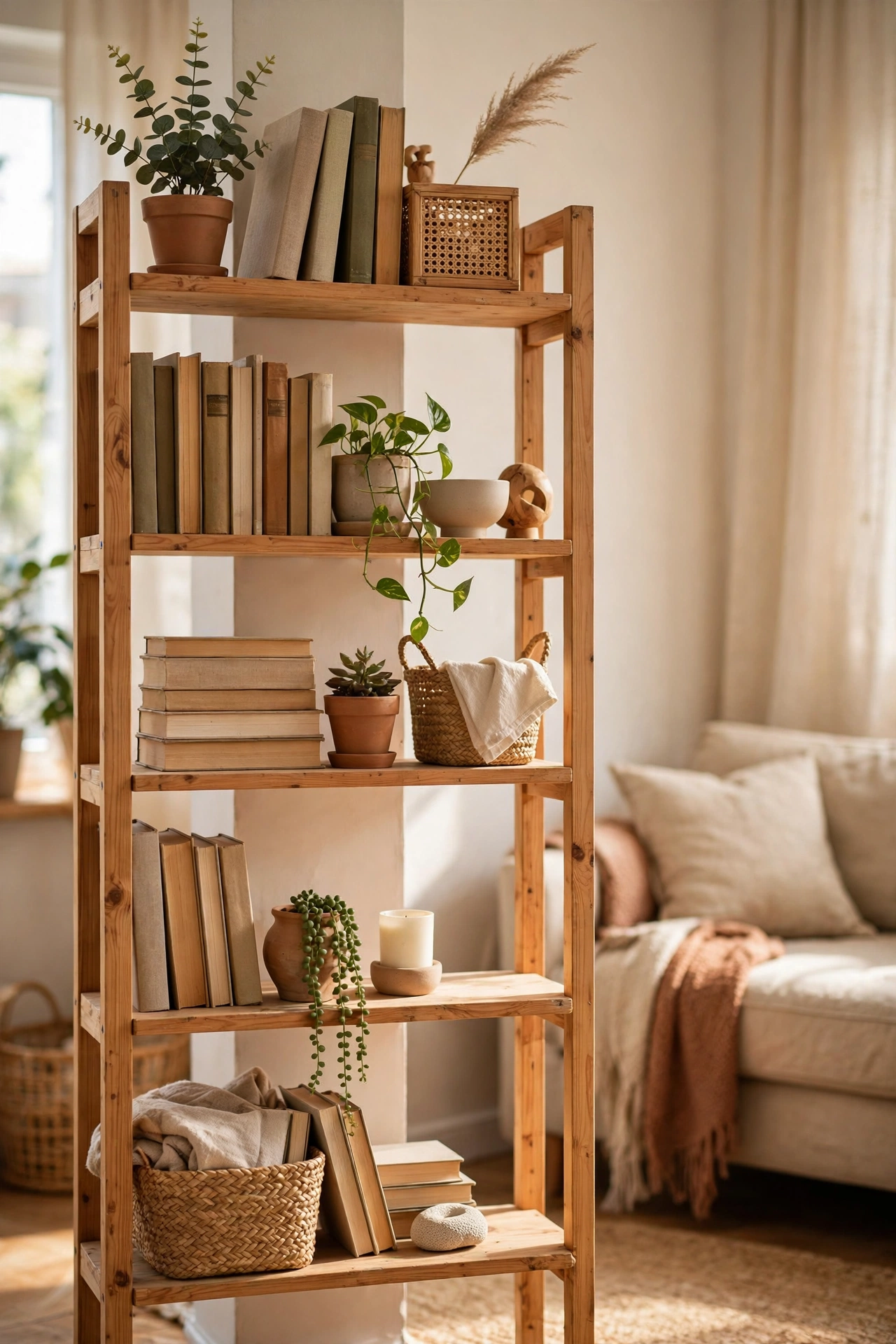 Styled bookshelf with books plants and empty space in a living room