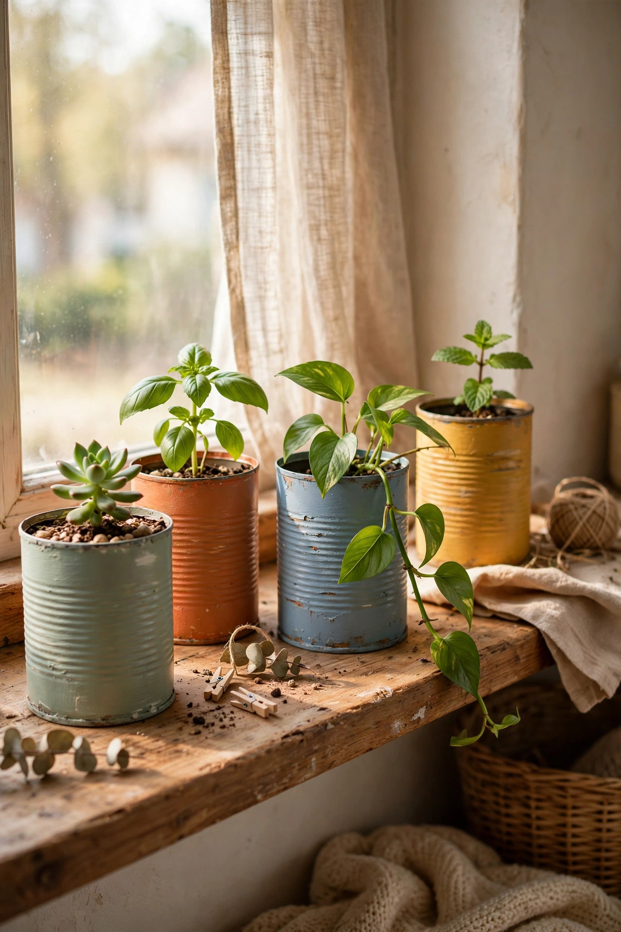 Plants growing in painted tin cans on a living room windowsill