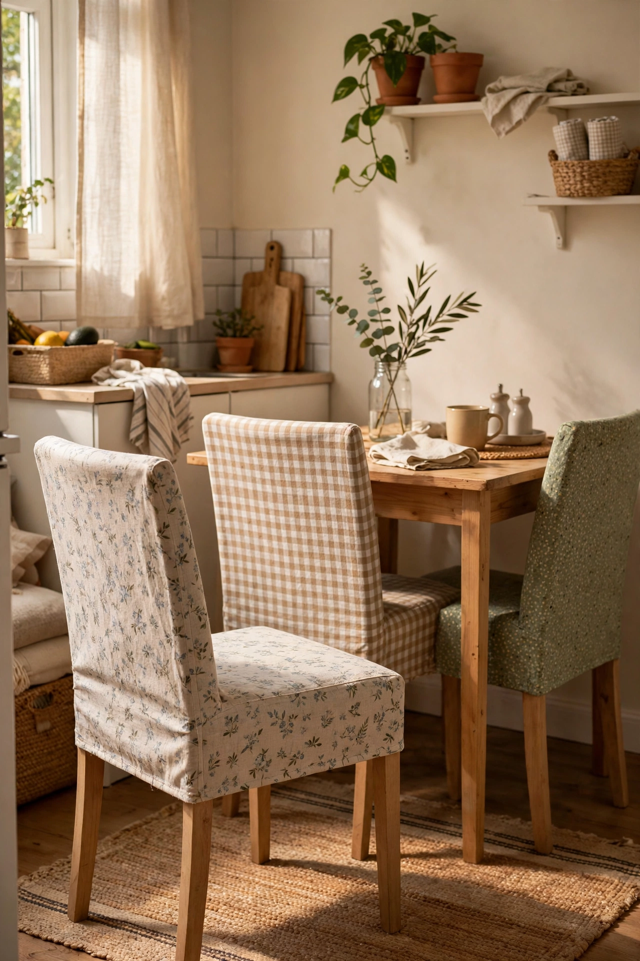 Dining chairs recovered with cheap fabric in a small apartment