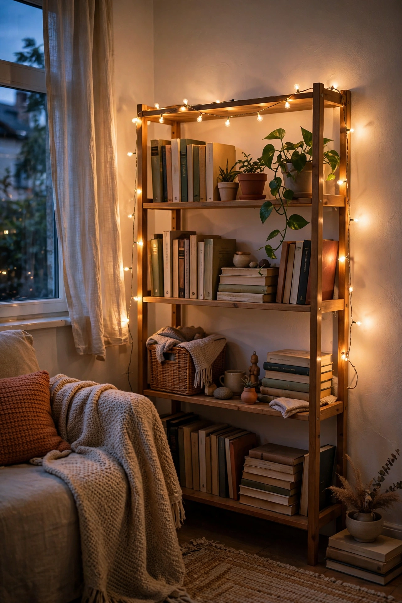 Warm string lights along a bookshelf in a small living room at evening