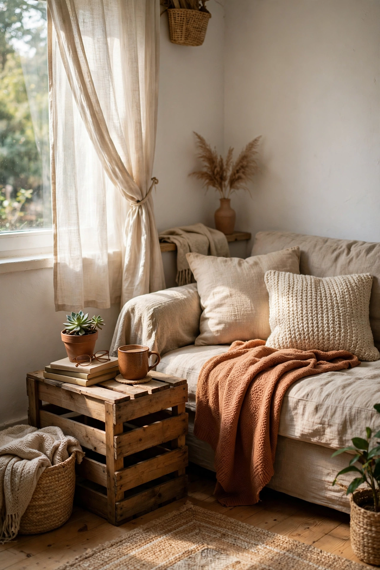 Wooden crate side table beside a sofa in a small living room
