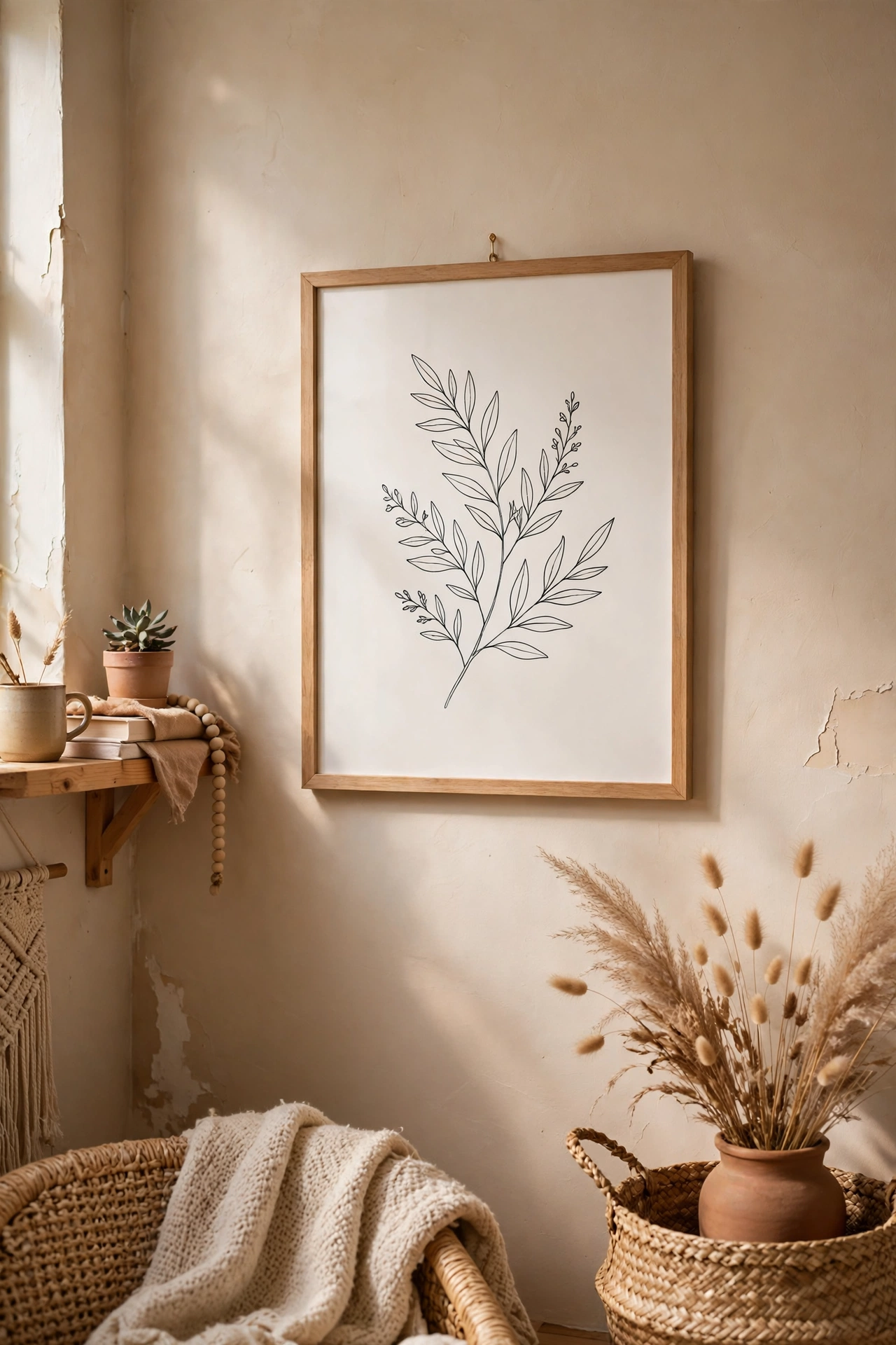 Framed free printable art on a living room wall