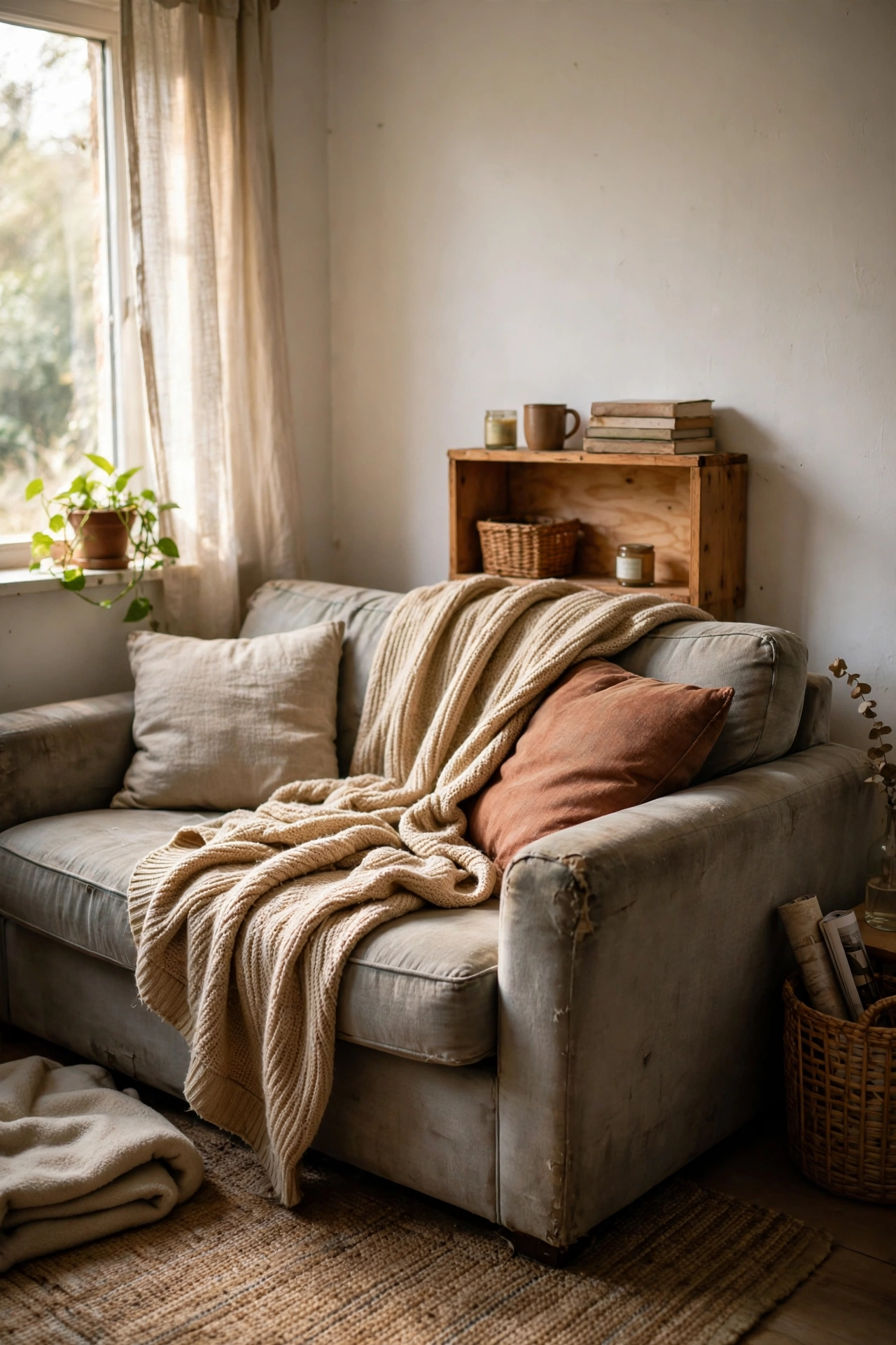 Soft throw draped over a tired sofa in a small living room