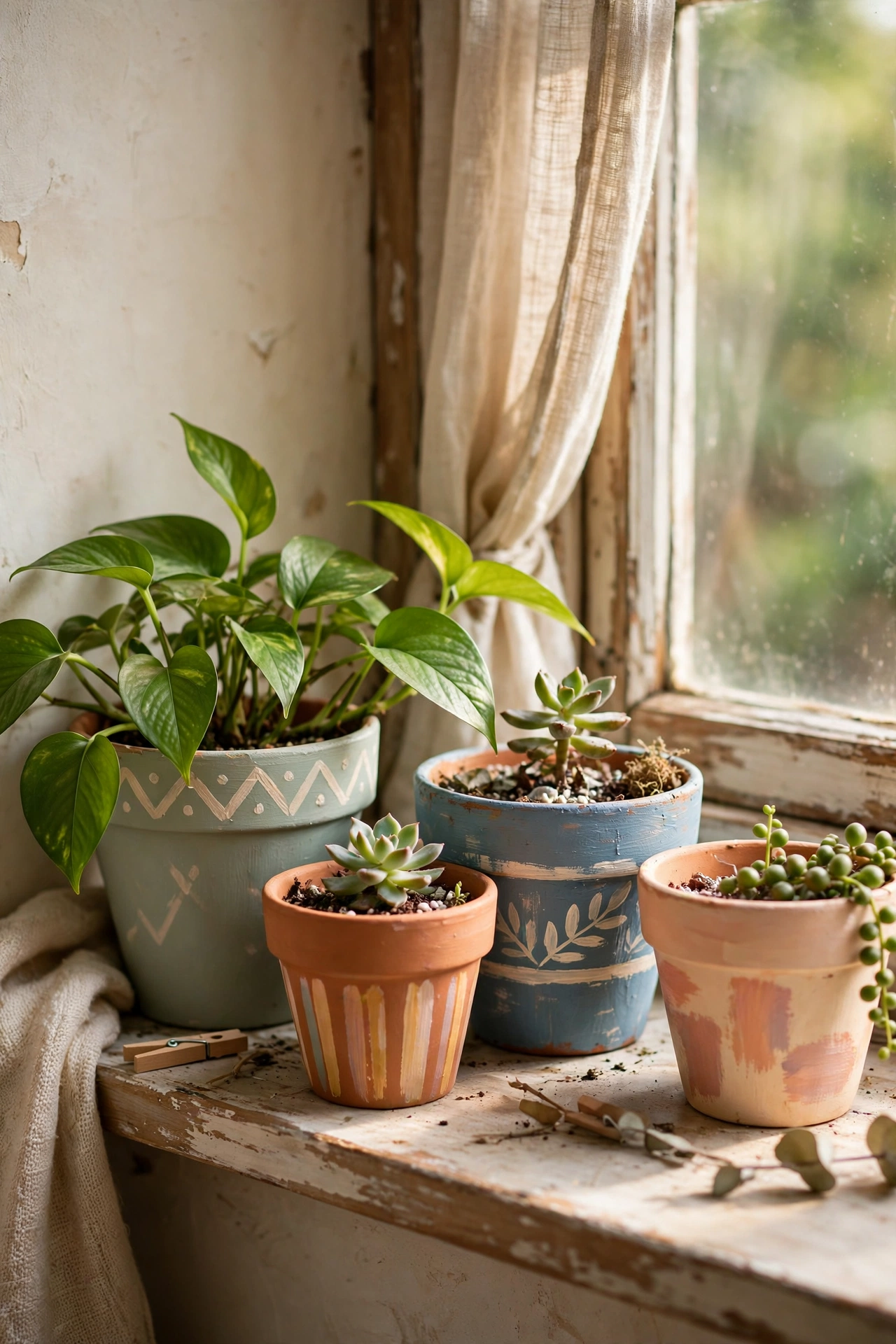 Painted terracotta pots with plants grouped on a windowsill