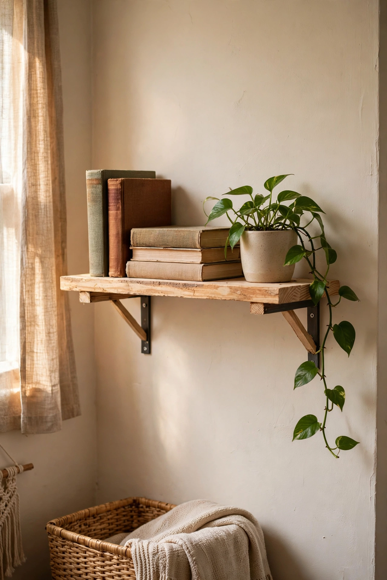 DIY floating shelf with books and a plant on a living room wall