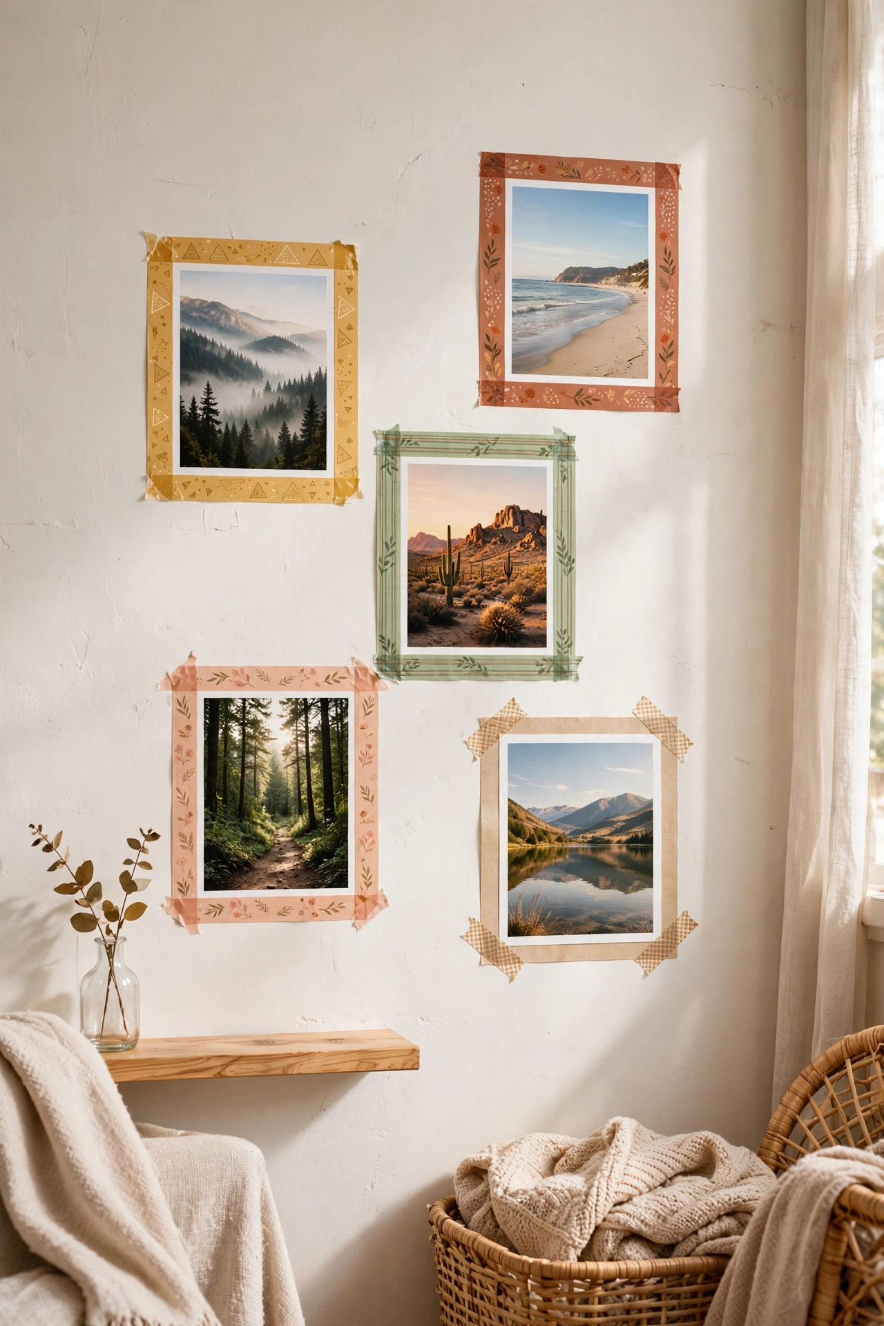 Washi tape frames around postcards on a rental living room wall