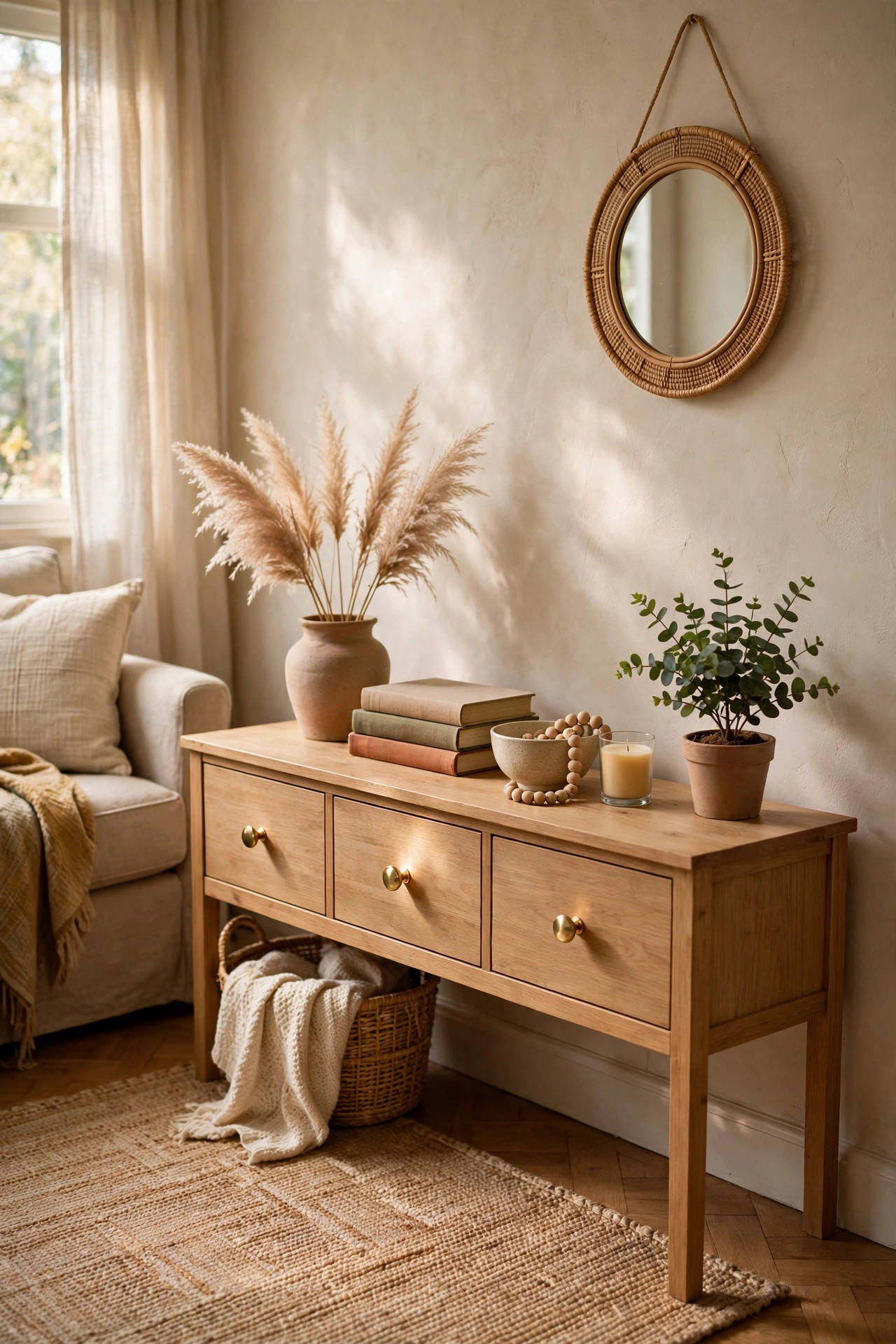 Console with new brass knobs in a small living room