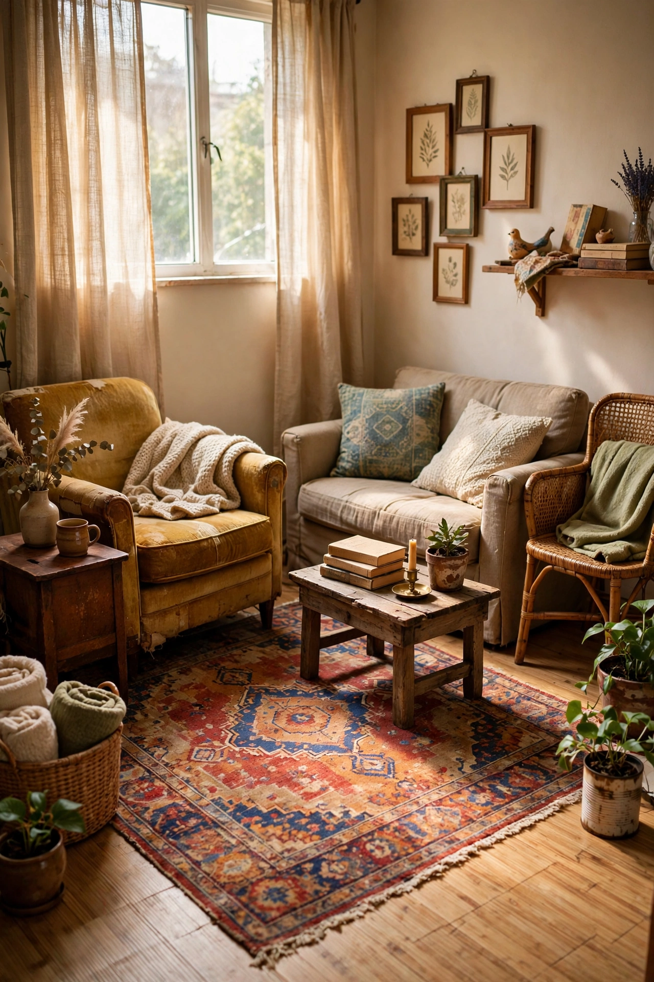 Small living room anchored by one good rug with thrifted furniture