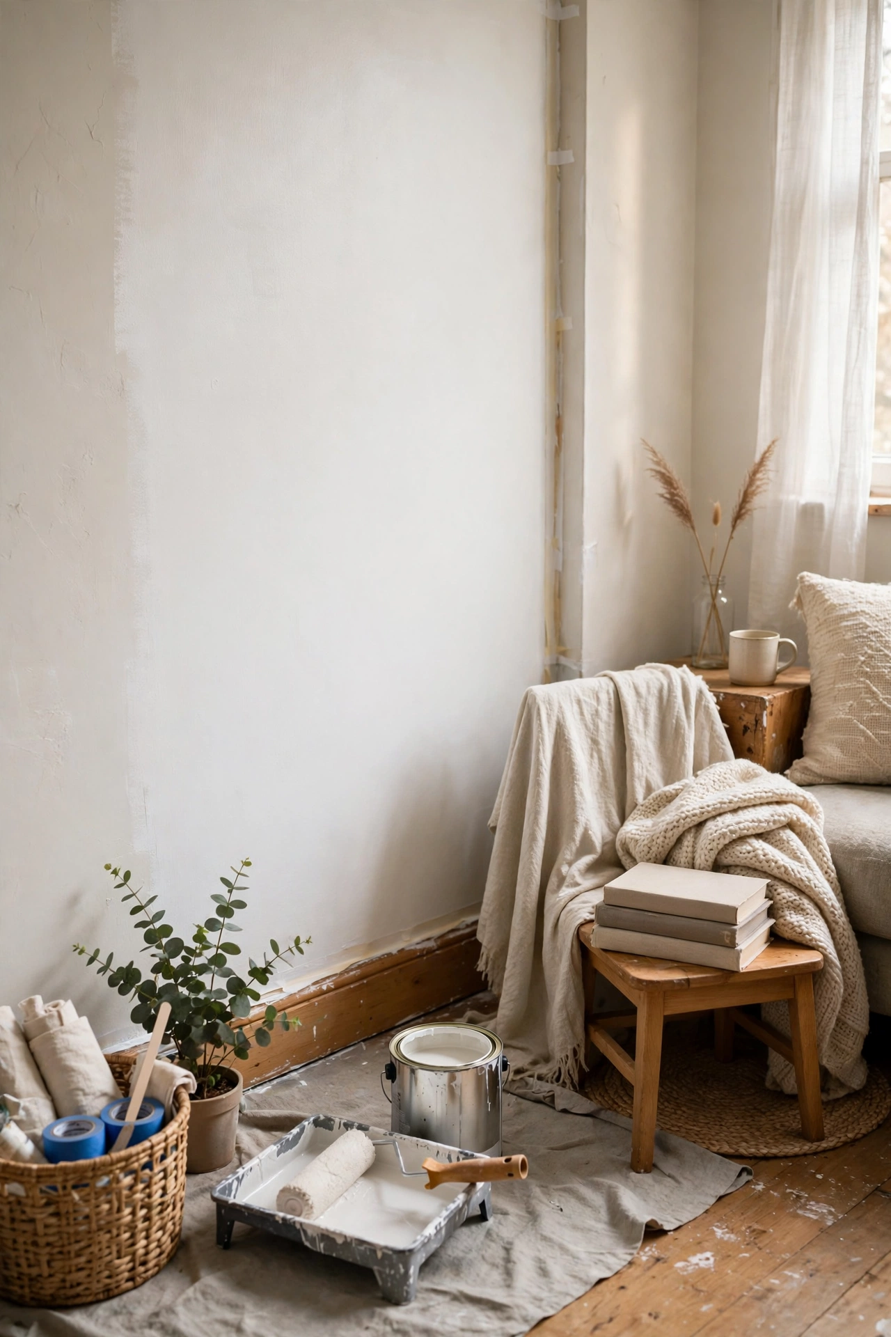 Paint One Wall Soft White to Open the Room in a small budget-friendly apartment