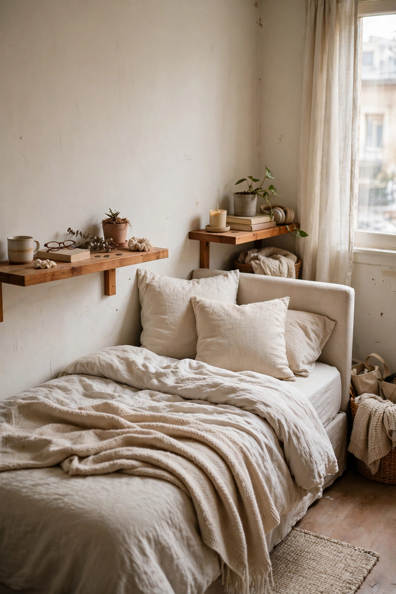 Mount Floating Shelves Instead of Nightstands in a small budget-friendly apartment