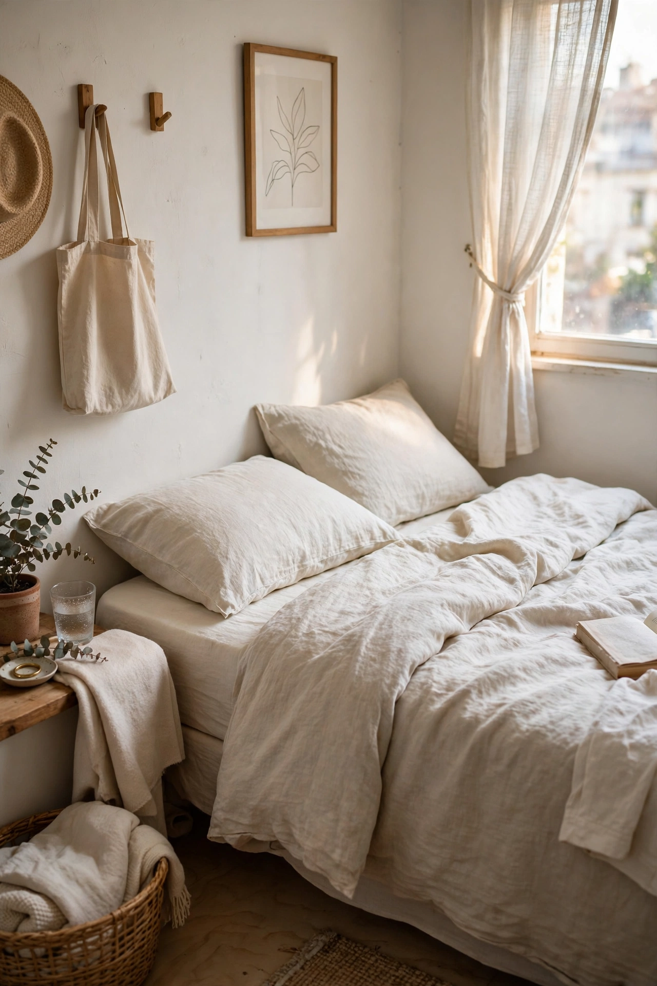 Choose Lightweight Linen Bedding in Pale Tones in a small budget-friendly apartment