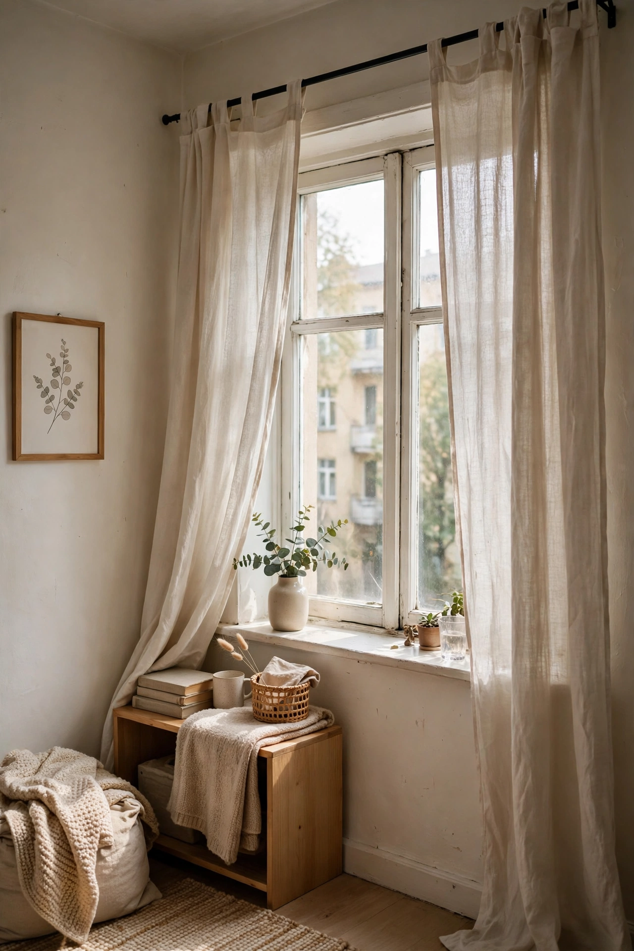 Hang Curtains High and Wide Around the Window in a small budget-friendly apartment