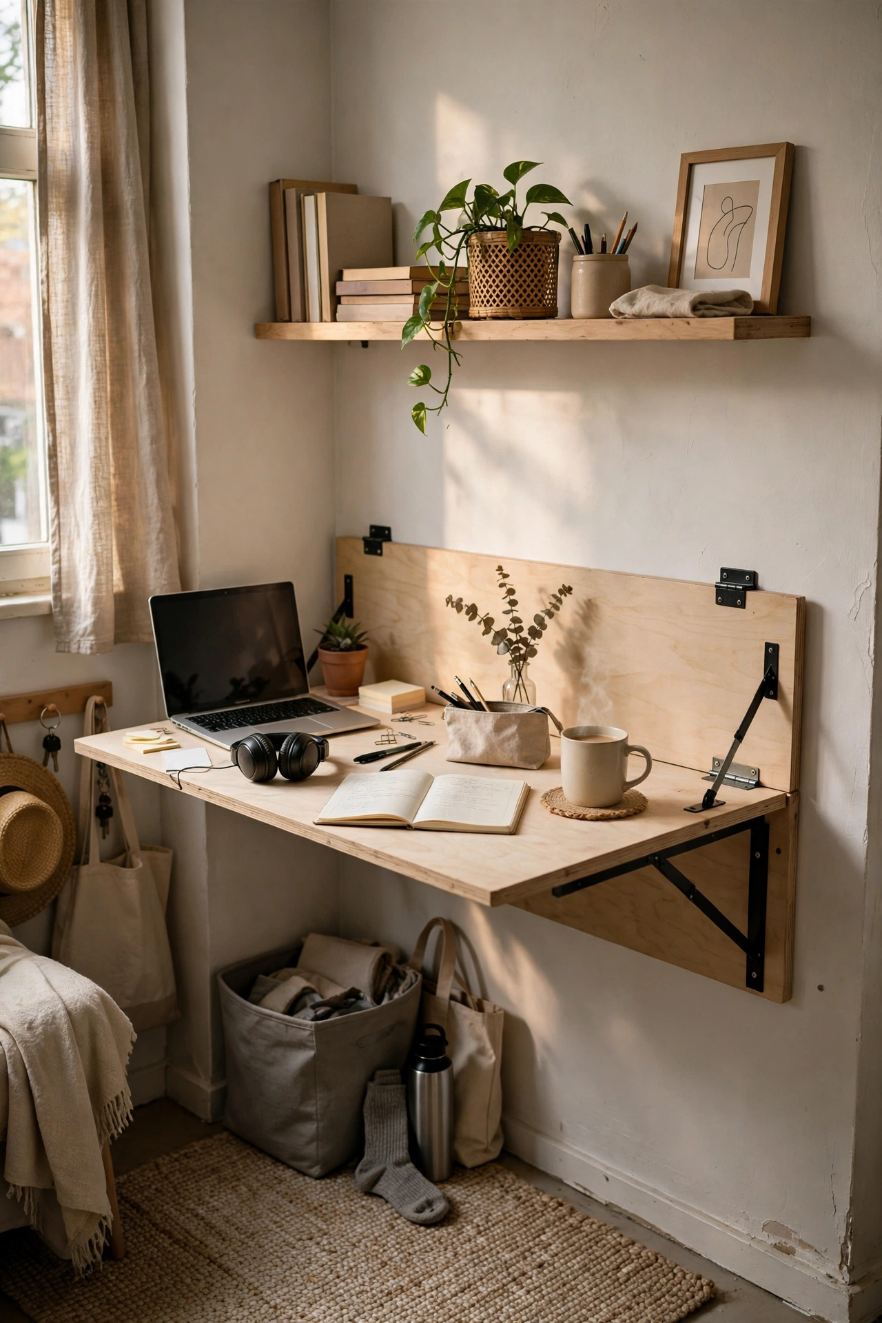 Add a Fold-Down Wall Desk for Work in a small budget-friendly apartment