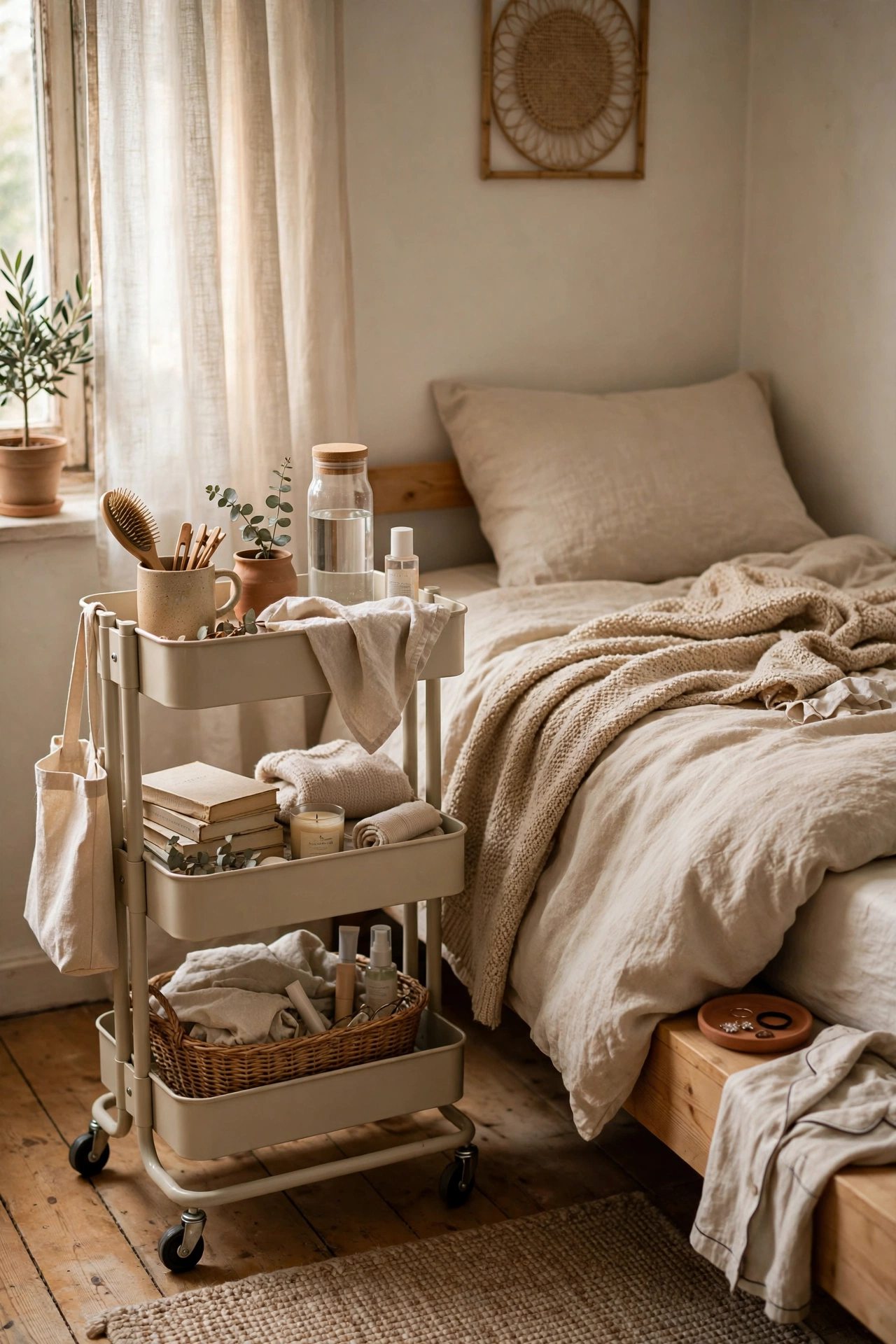 Keep a Slim Rolling Cart Beside the Bed in a small budget-friendly apartment