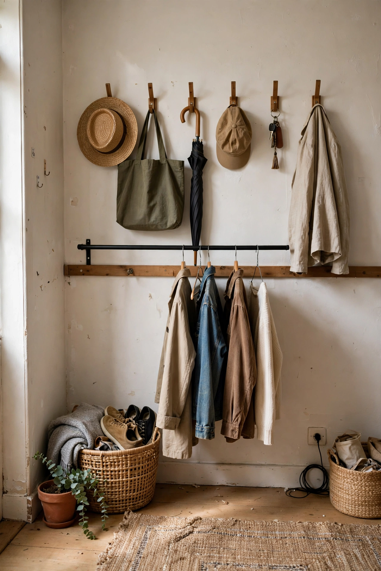 Swap a Bulky Dresser for Wall Hooks and a Rail in a small budget-friendly apartment