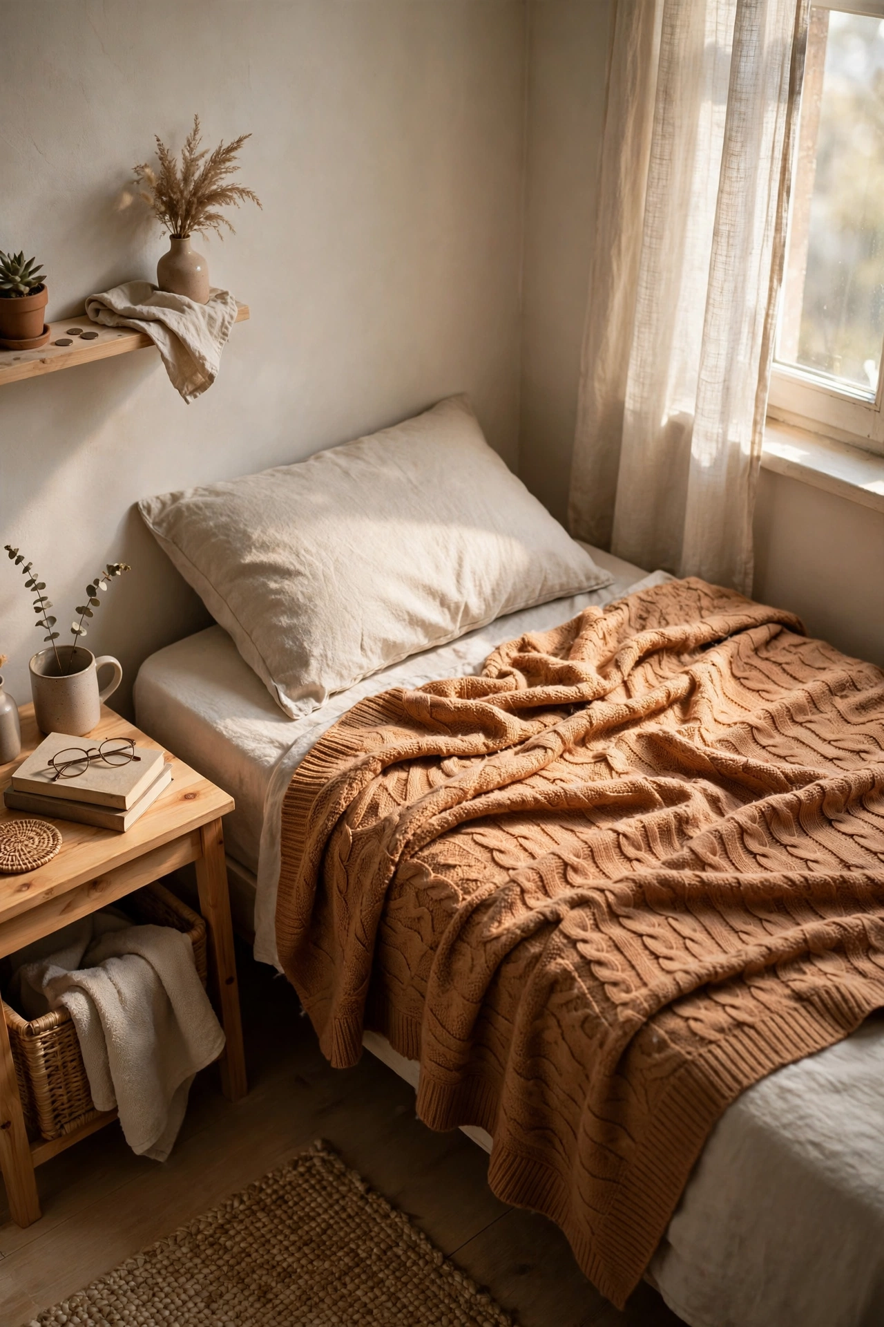 Layer One Warm Throw Instead of Heavy Bedding in a small budget-friendly apartment