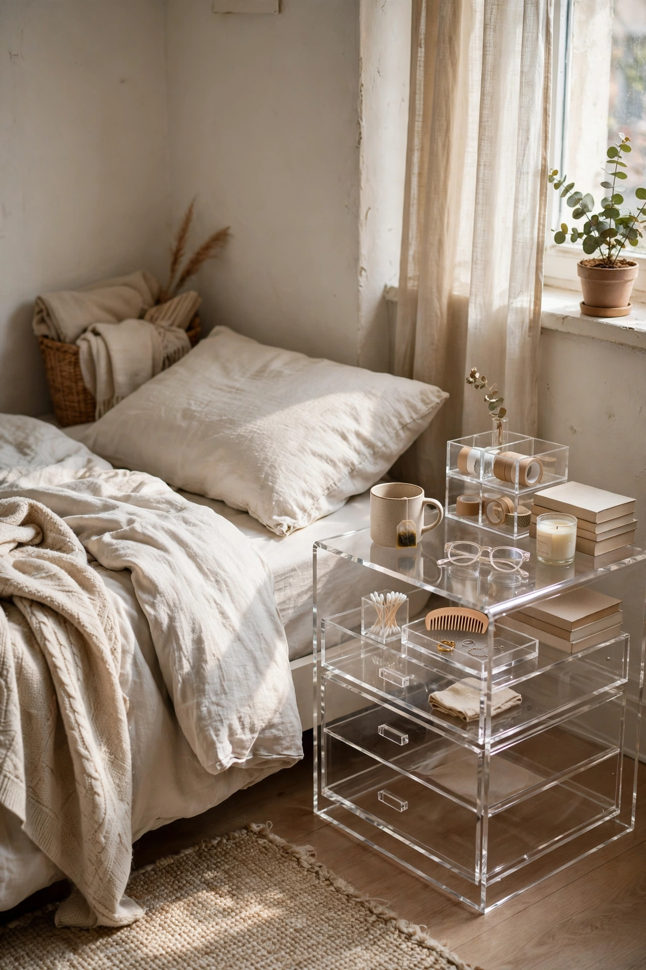 Use Clear Acrylic Pieces Beside the Bed in a small budget-friendly apartment