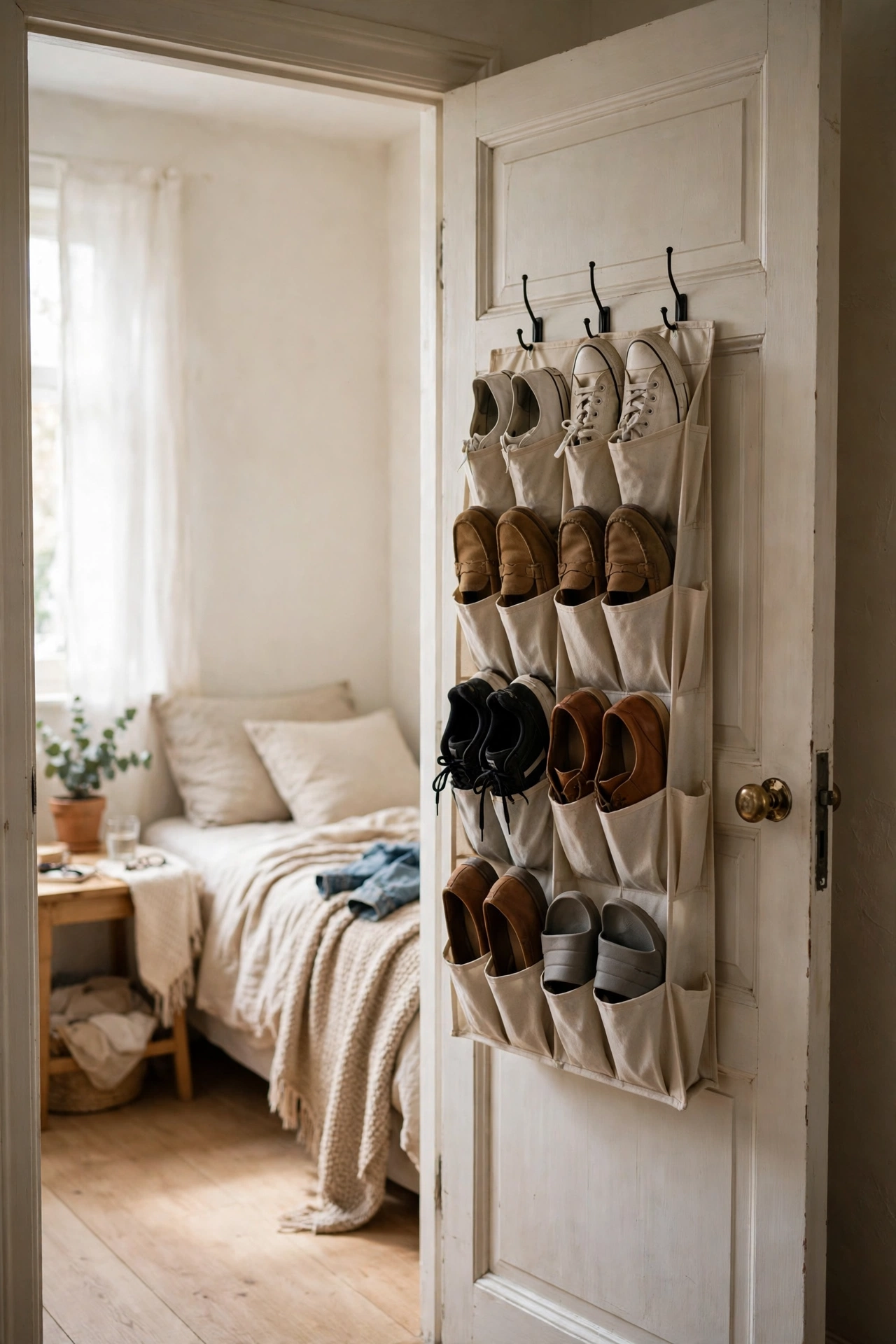 Put a Shoe Organizer Behind the Bedroom Door in a small budget-friendly apartment
