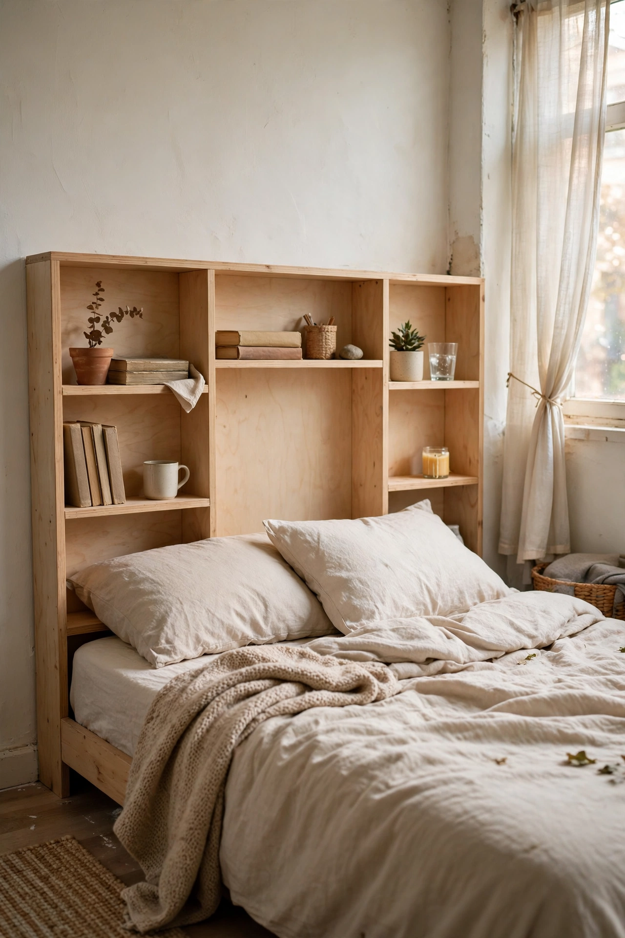 Choose a Headboard With Built-In Shelves in a small budget-friendly apartment
