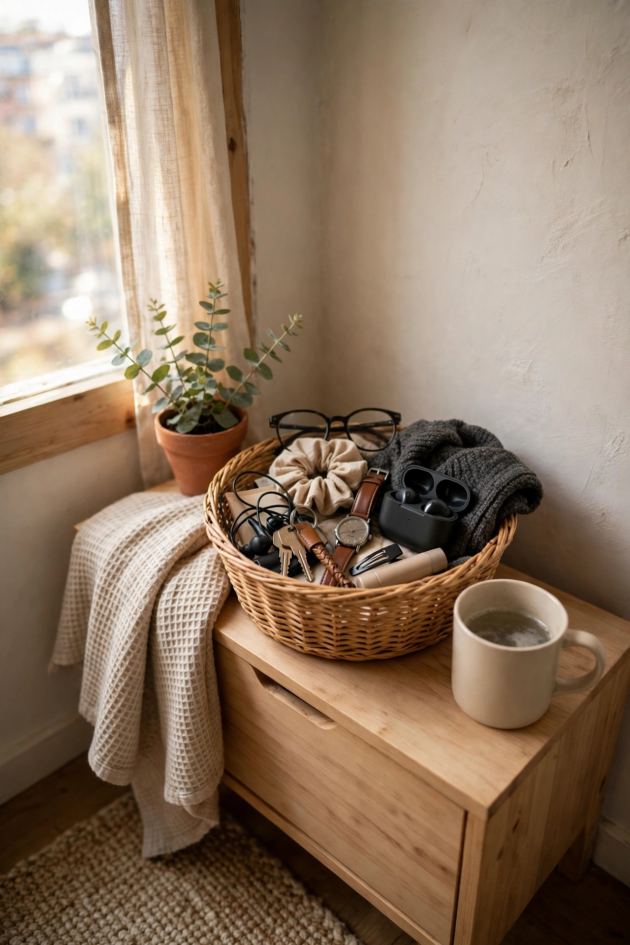 Keep One Basket for Nightly Clutter in a small budget-friendly apartment