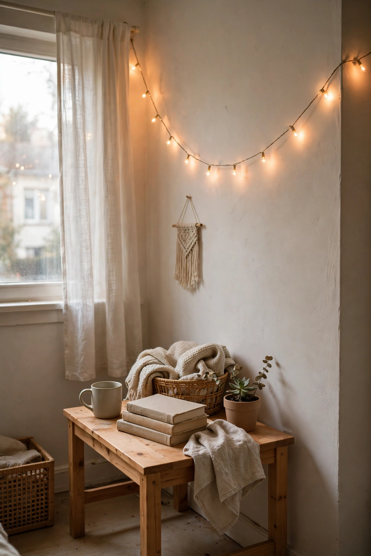 Use String Lights Instead of a Big Table Lamp in a small budget-friendly apartment
