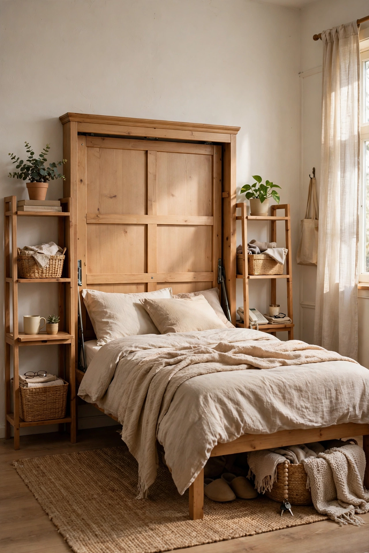 Classic Vertical Murphy Bed With Side Shelves in a small budget-friendly apartment