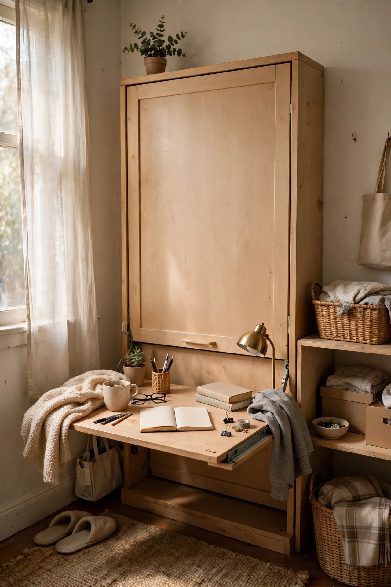 Murphy Bed With a Fold-Down Desk in a small budget-friendly apartment