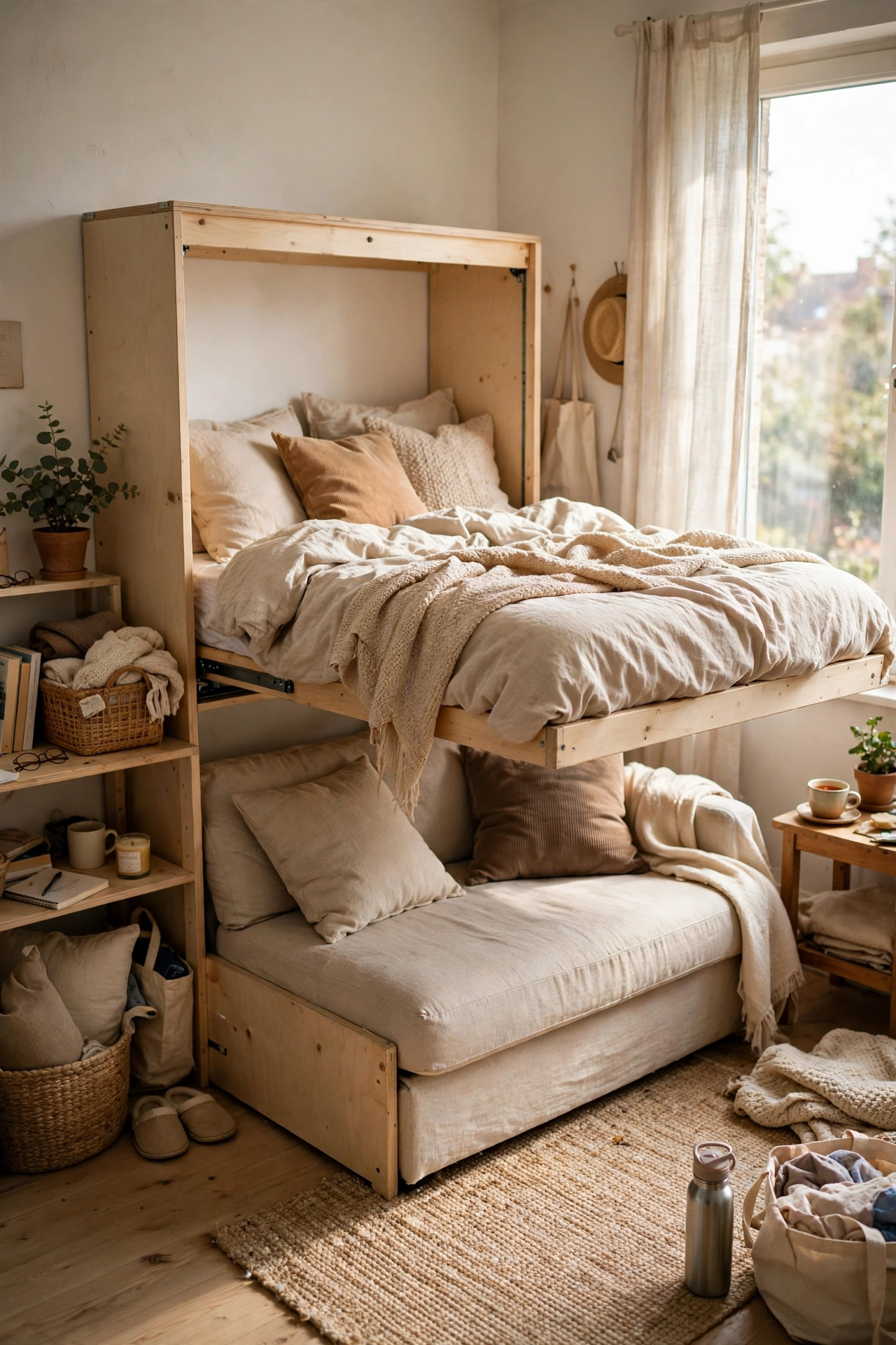 Murphy Bed and Sofa Combination in a small budget-friendly apartment
