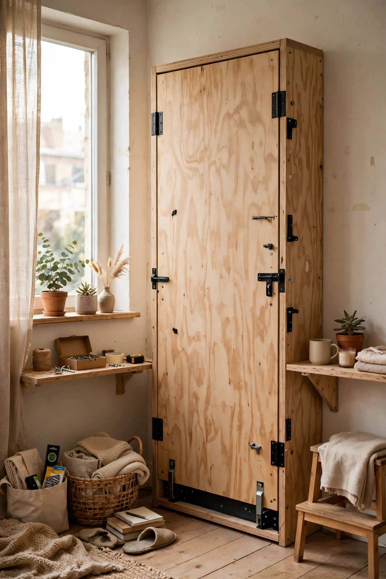 Budget DIY Plywood Murphy Bed Kit in a small budget-friendly apartment