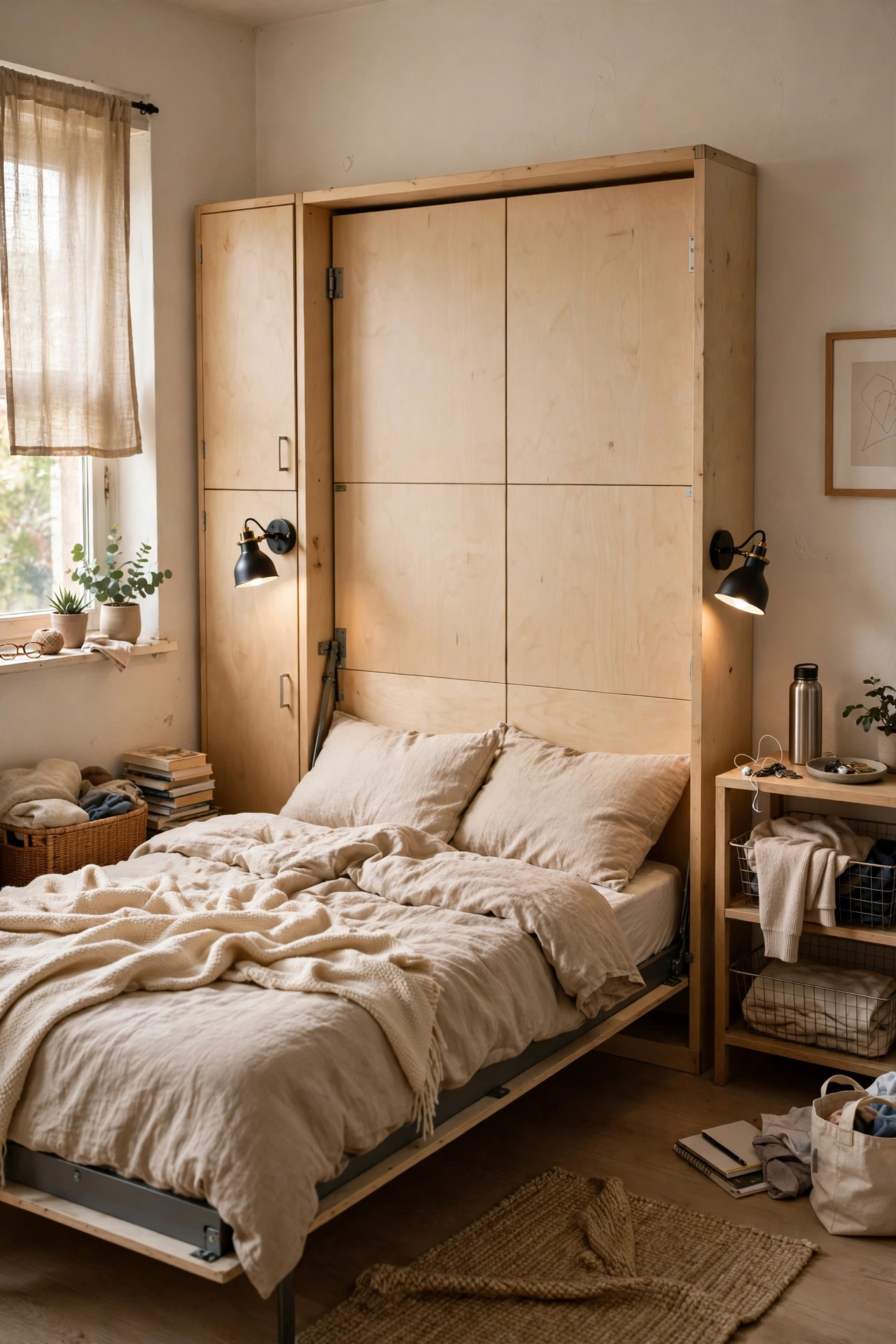Murphy Bed With Side Reading Lights in a small budget-friendly apartment