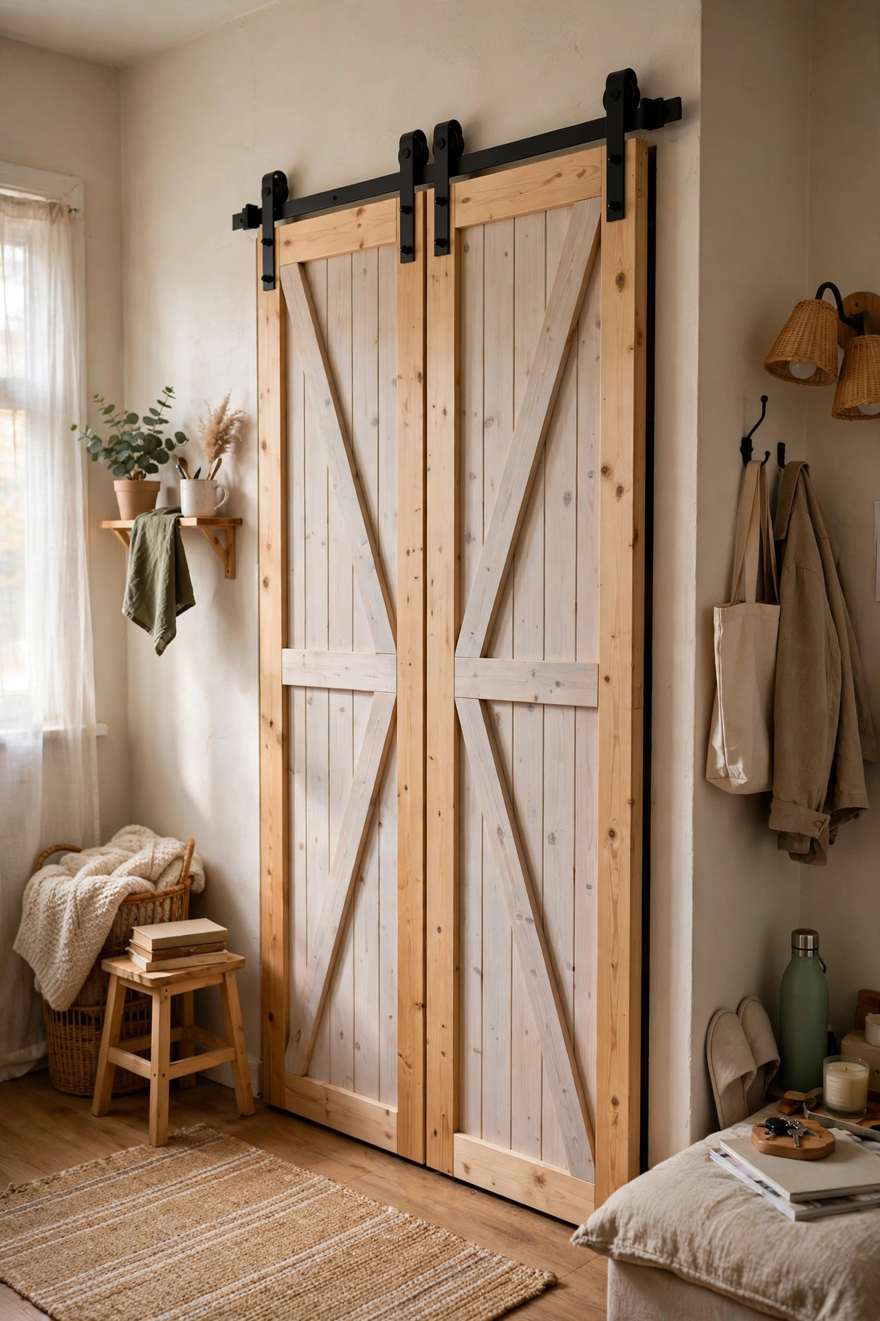 Murphy Bed Hidden Behind Sliding Barn Doors in a small budget-friendly apartment